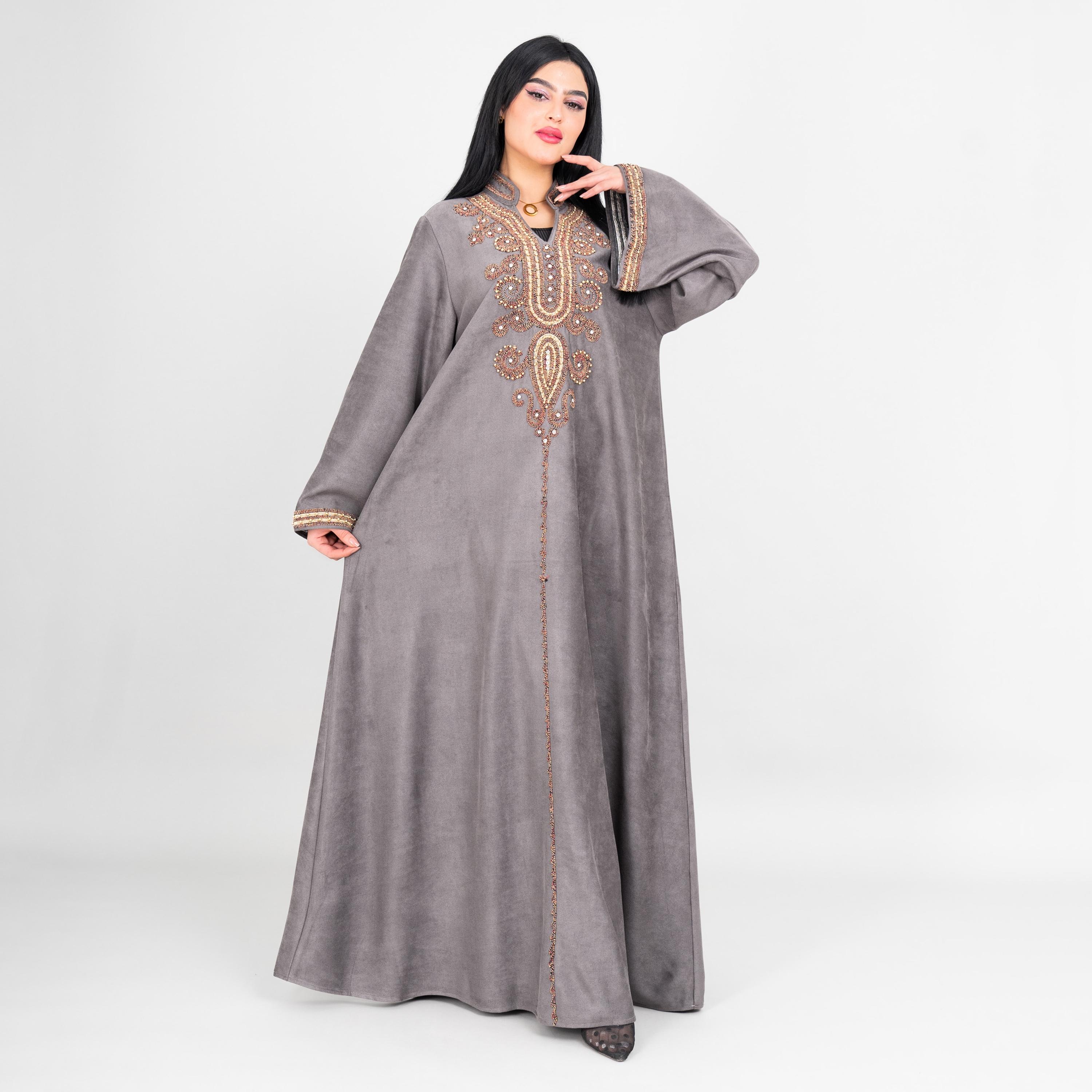 جلابية سهرة نسائية بصدر مطرز وياقة ماندارين وأكمام واسعة من إيككسا-women-arabicclothing-jalabiyas-image-9