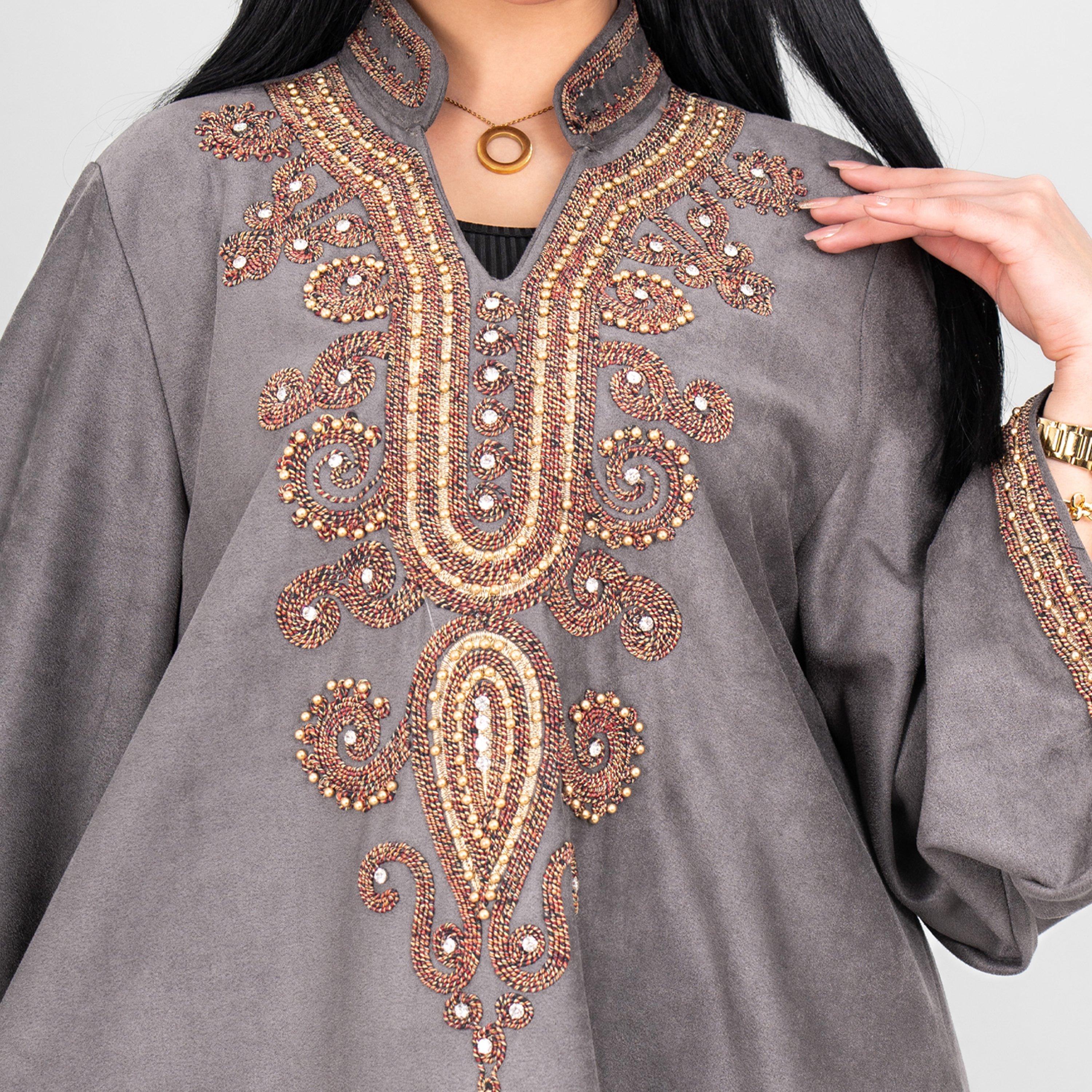 جلابية سهرة نسائية بصدر مطرز وياقة ماندارين وأكمام واسعة من إيككسا-women-arabicclothing-jalabiyas-image-10
