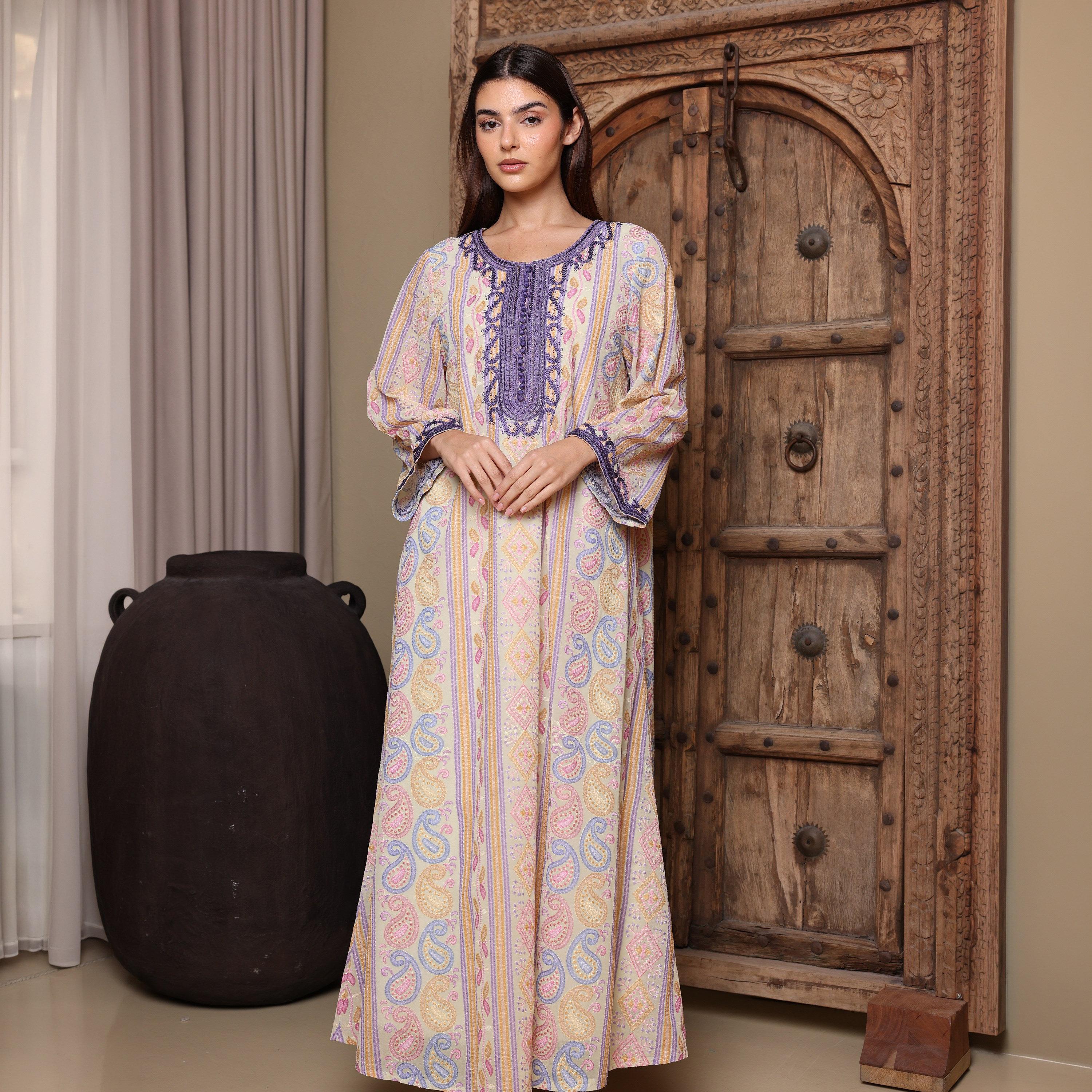 IKKXA Paisley & Geometric Wide Sleeves Women's Evening Jalabiya-women-clothing-dresses-image-1