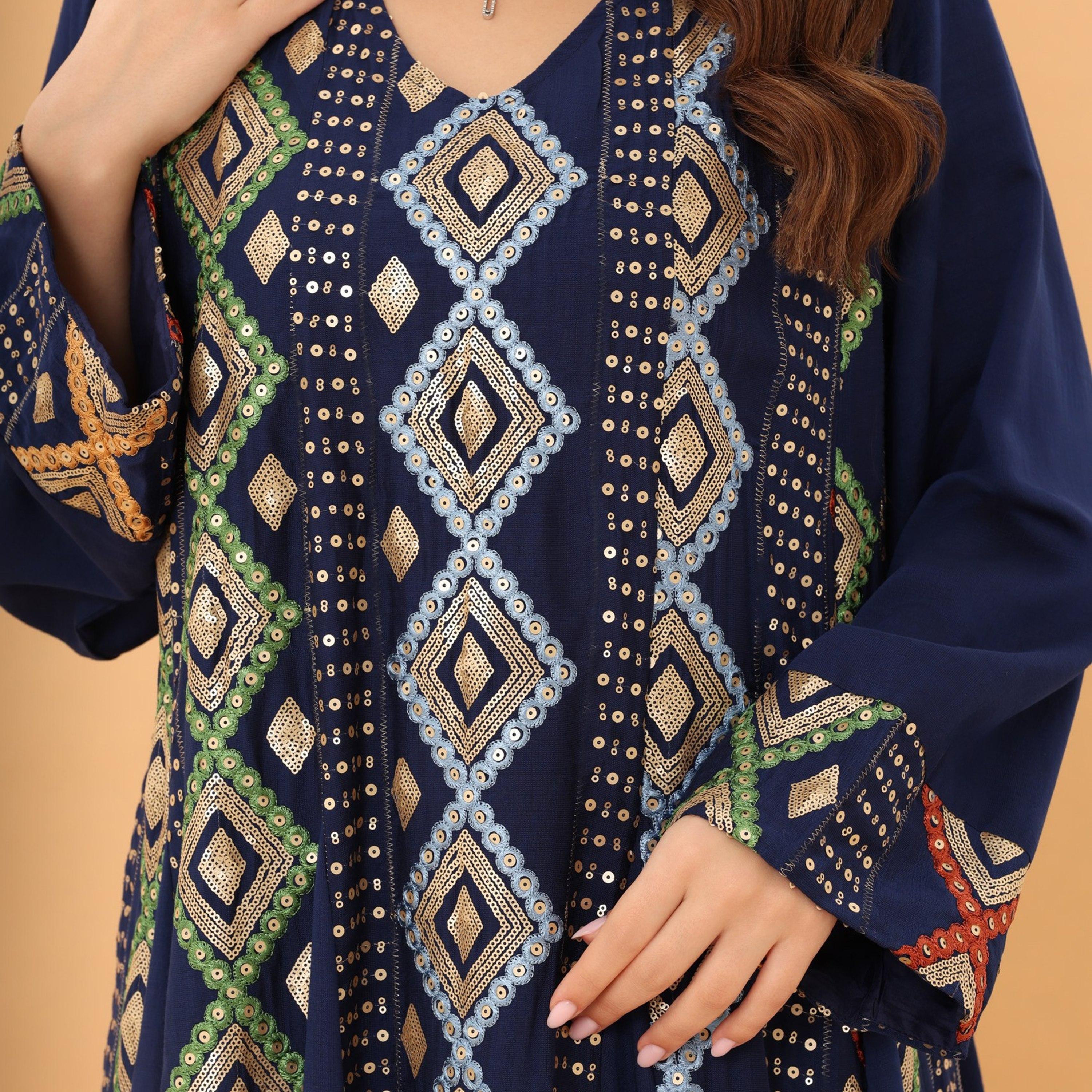 IKKXA Geometric Embroidered and Sequined Women's Evening Jalabiya-women-arabicclothing-jalabiyas-image-2