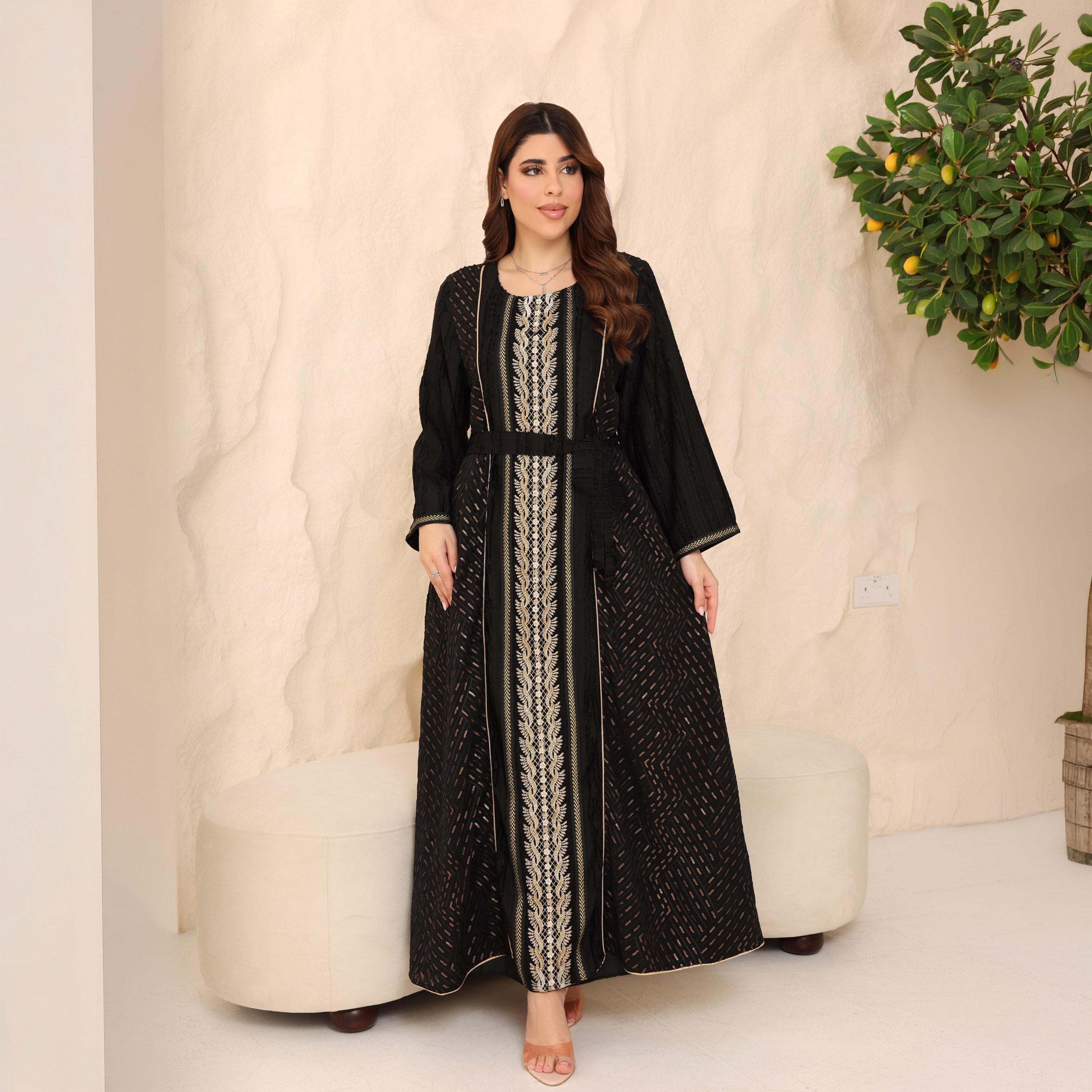 IKKXA Wide Sleeves Embroidered Front Panel and Sequined Women's Evening Jalabiya with Belt-women-arabicclothing-jalabiyas-image-1