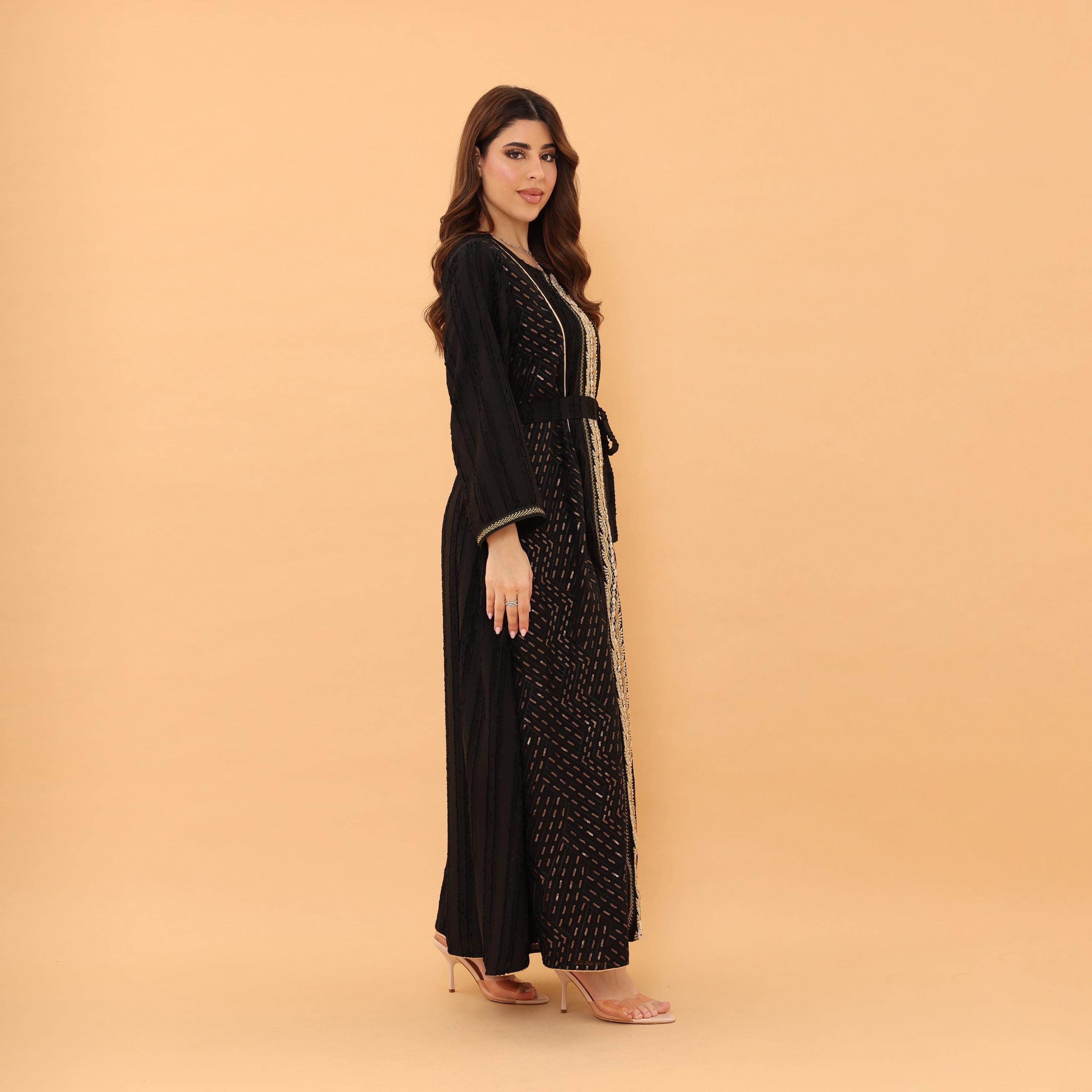 جلابية سهرة نسائية بأكمام واسعة مع تطريز أمامي و"سيكوين" وحزام من إككسا-women-arabicclothing-jalabiyas-image-3