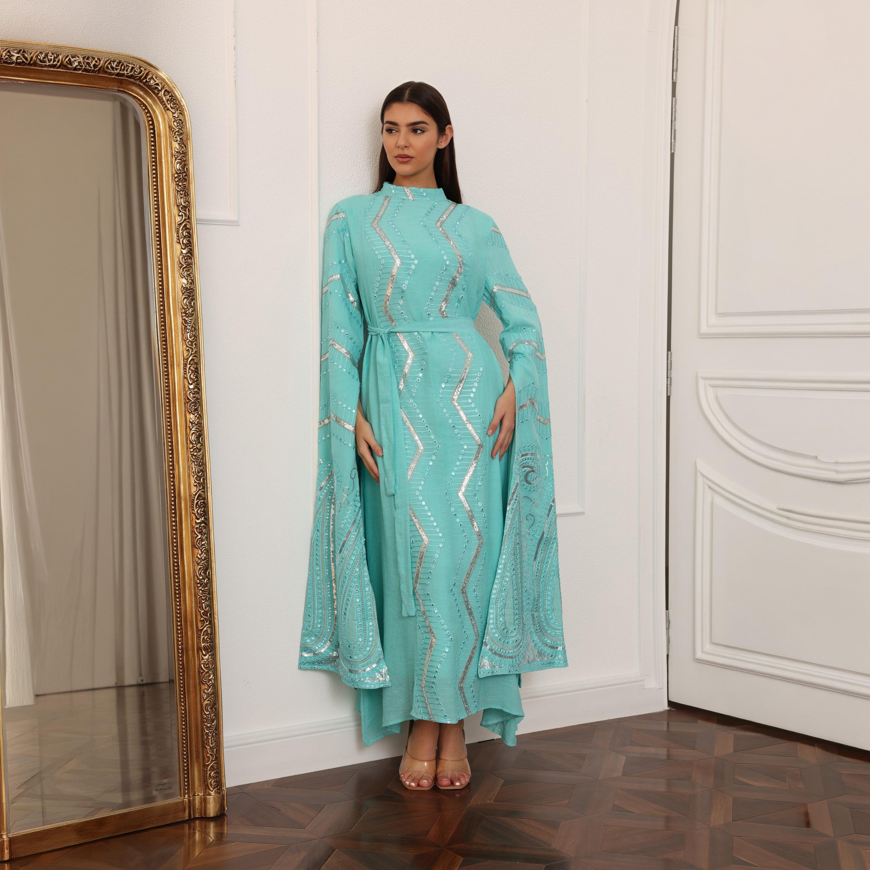 IKKXA Flared Sleeves Embroidered and Sequined Women's Evening Jalabiya with Belt-women-clothing-dresses-image-9