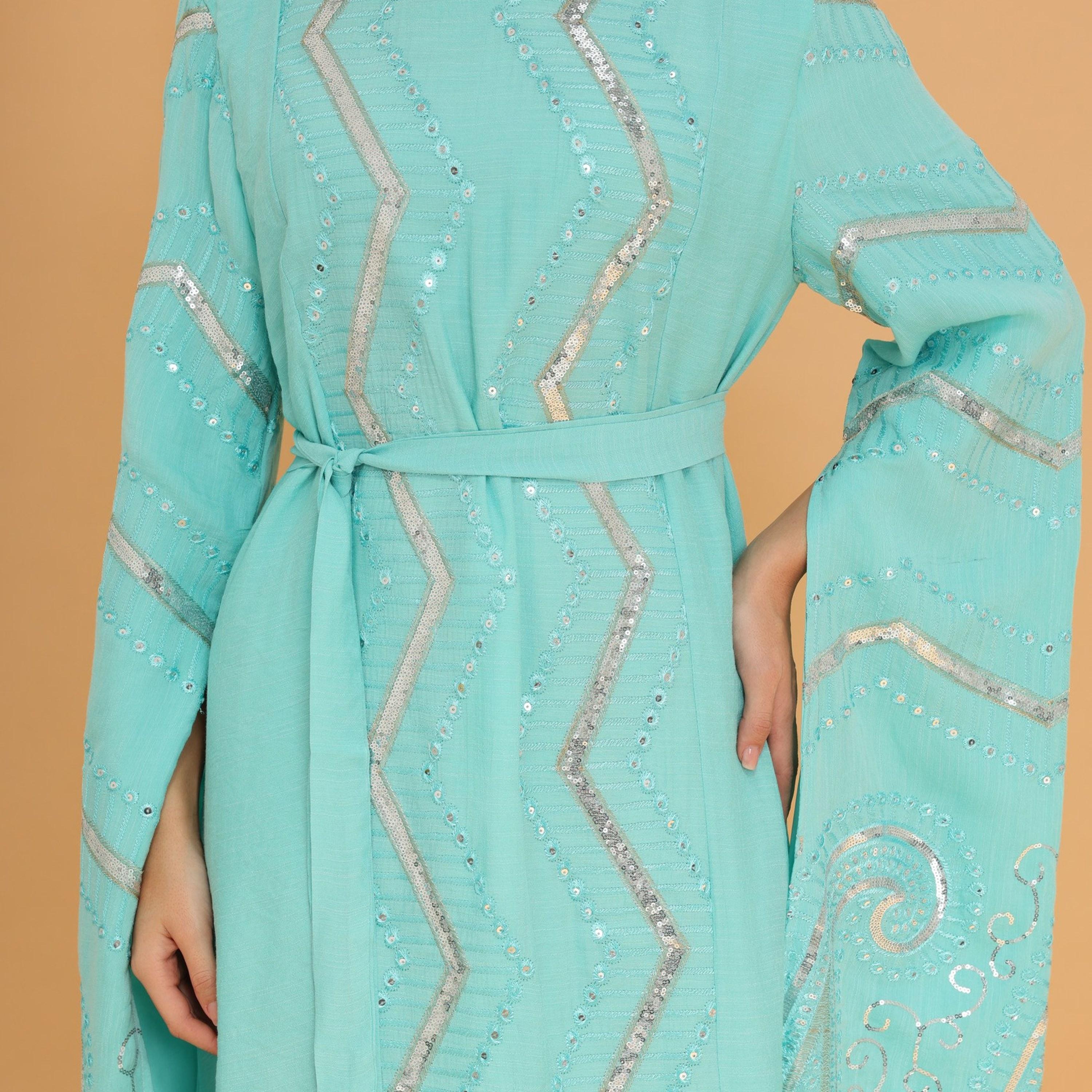 IKKXA Flared Sleeves Embroidered and Sequined Women's Evening Jalabiya with Belt-women-clothing-dresses-image-10