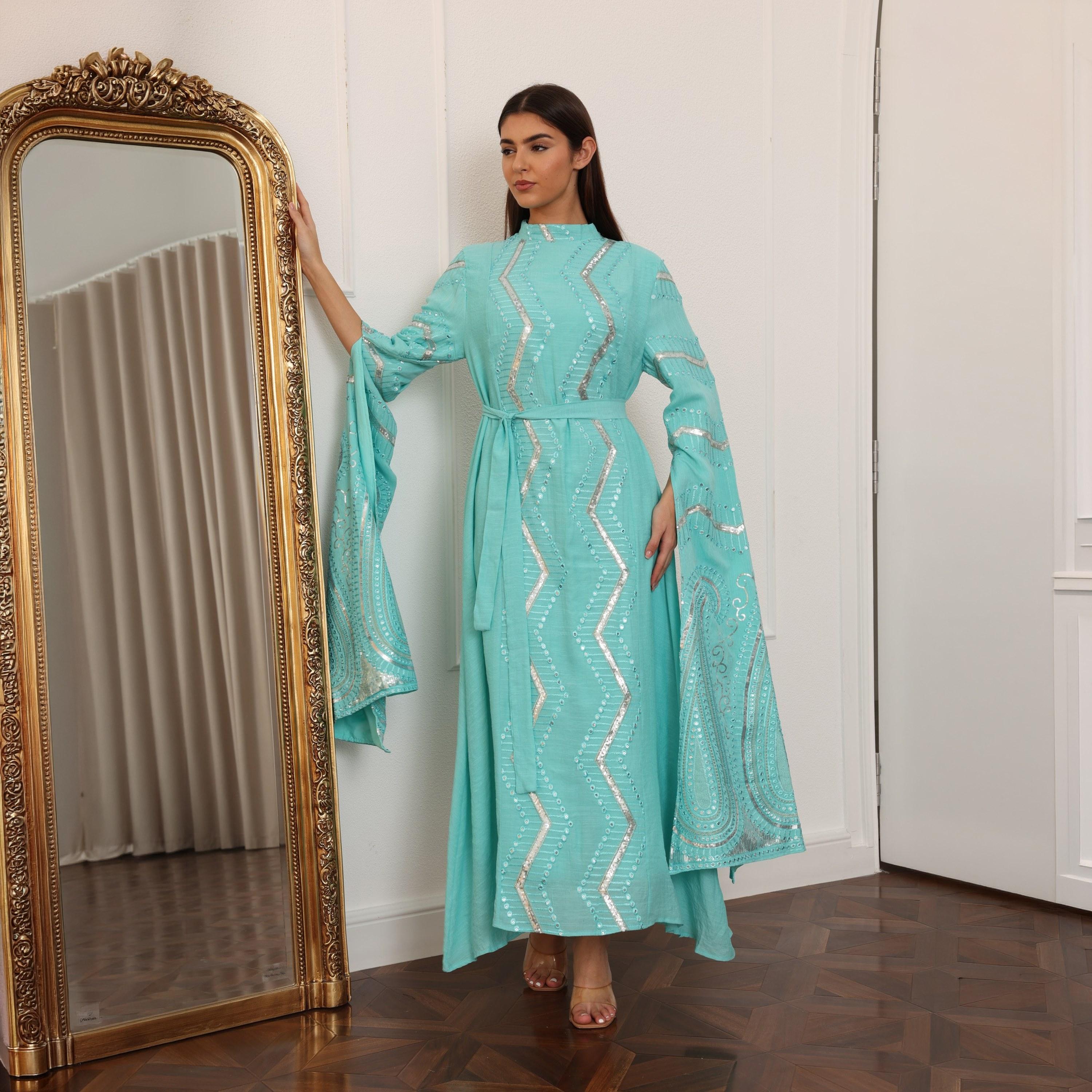 IKKXA Flared Sleeves Embroidered and Sequined Women's Evening Jalabiya with Belt-women-clothing-dresses-image-11