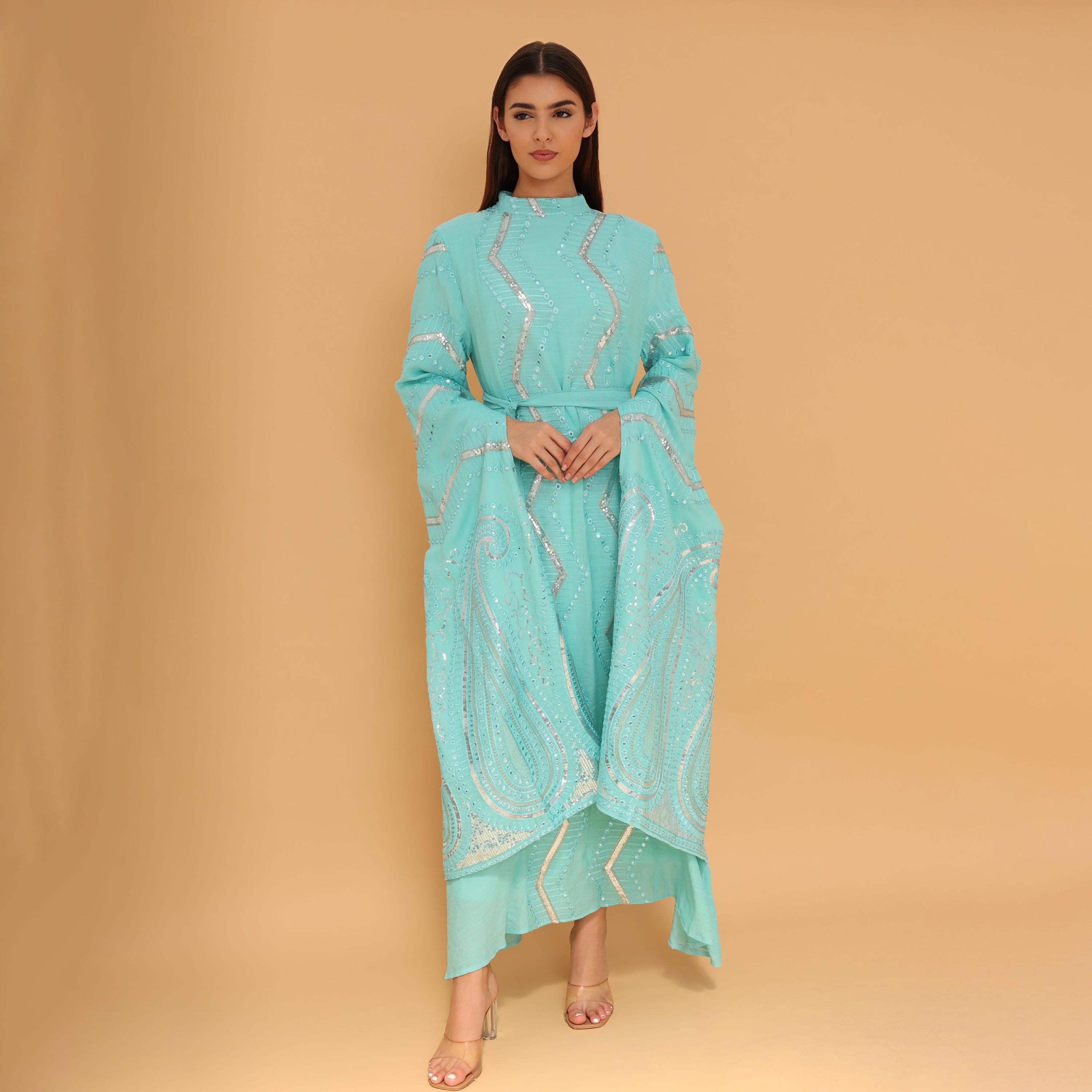 IKKXA Flared Sleeves Embroidered and Sequined Women's Evening Jalabiya with Belt-women-clothing-dresses-image-12