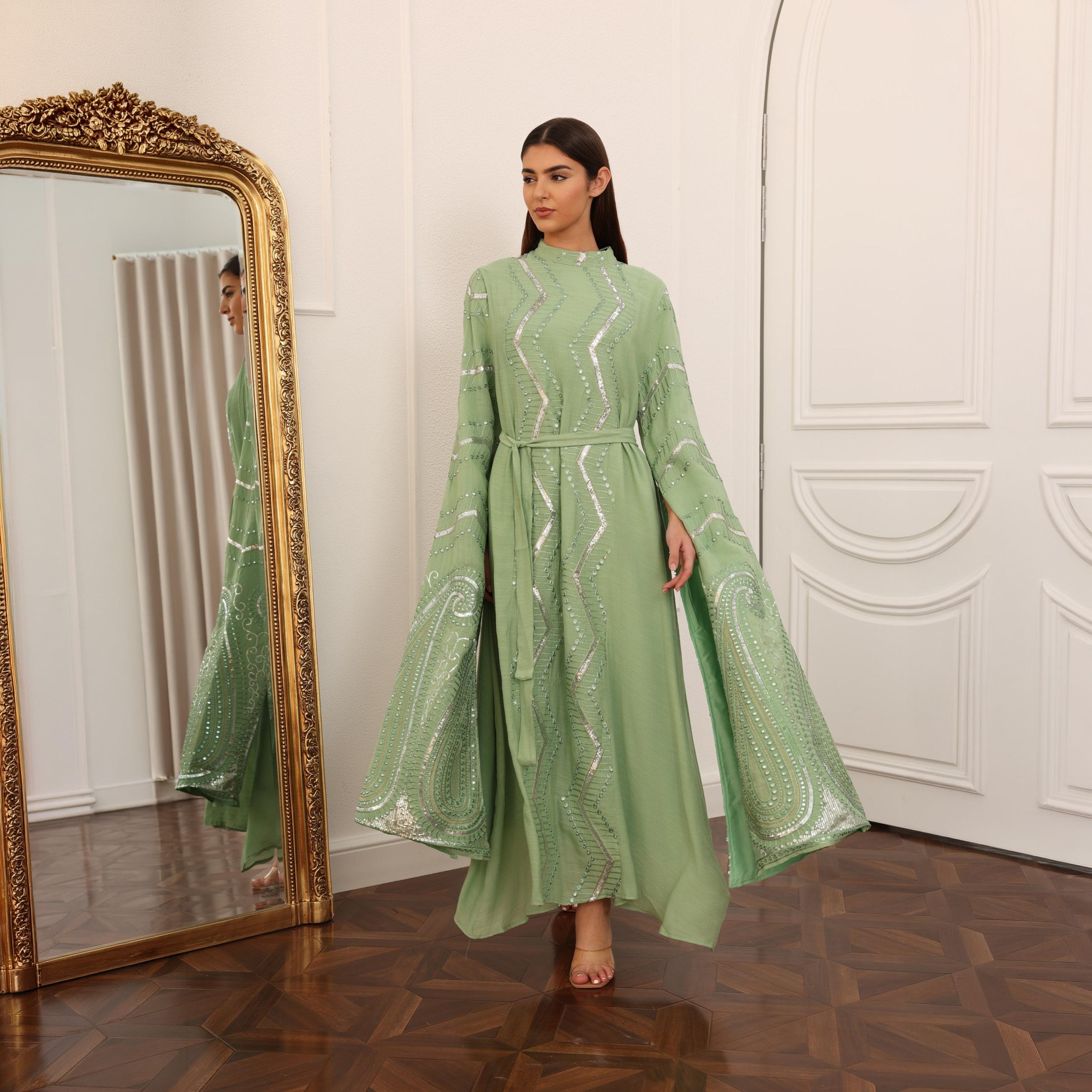 IKKXA Flared Sleeves Embroidered and Sequined Women's Evening Jalabiya with Belt-women-clothing-dresses-image-1