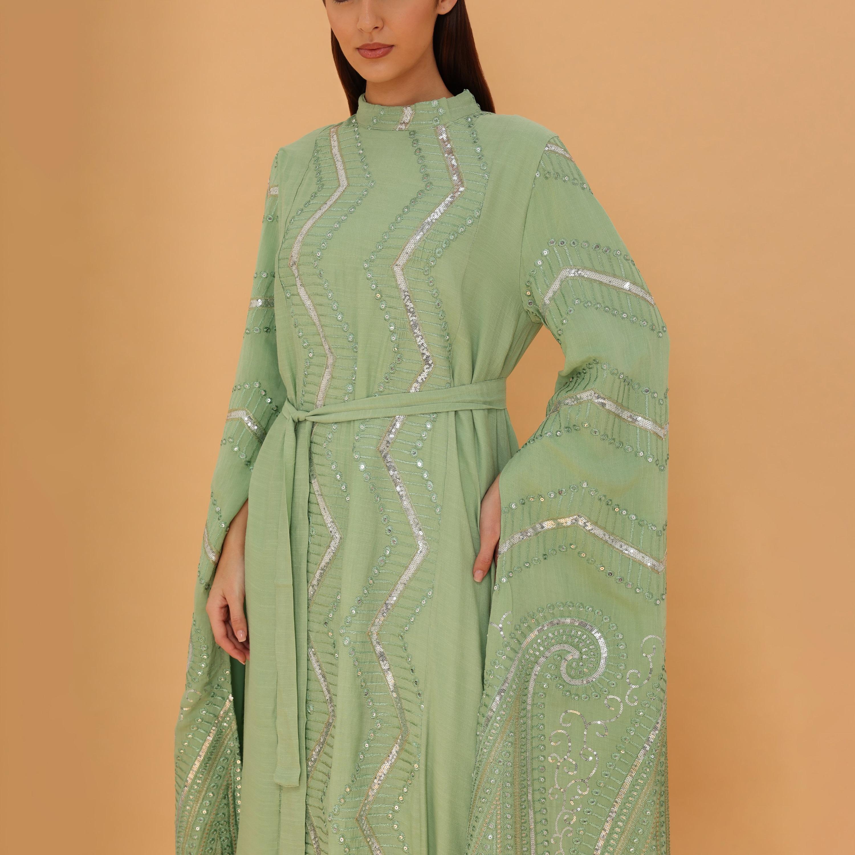 IKKXA Flared Sleeves Embroidered and Sequined Women's Evening Jalabiya with Belt-women-clothing-dresses-image-2