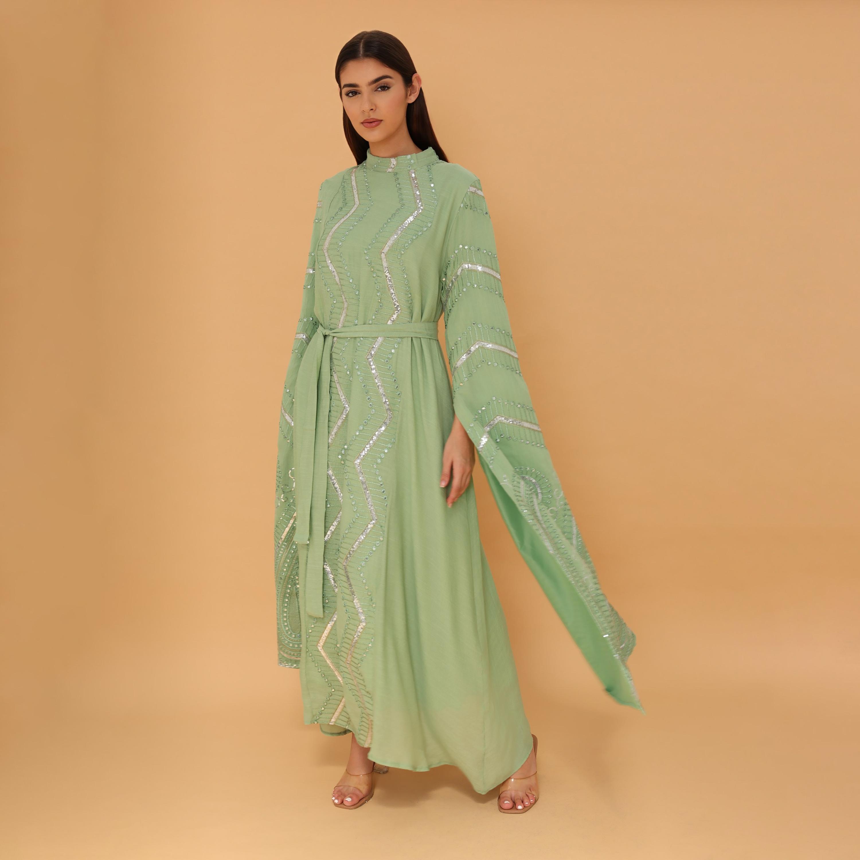 IKKXA Flared Sleeves Embroidered and Sequined Women's Evening Jalabiya with Belt-women-clothing-dresses-image-3