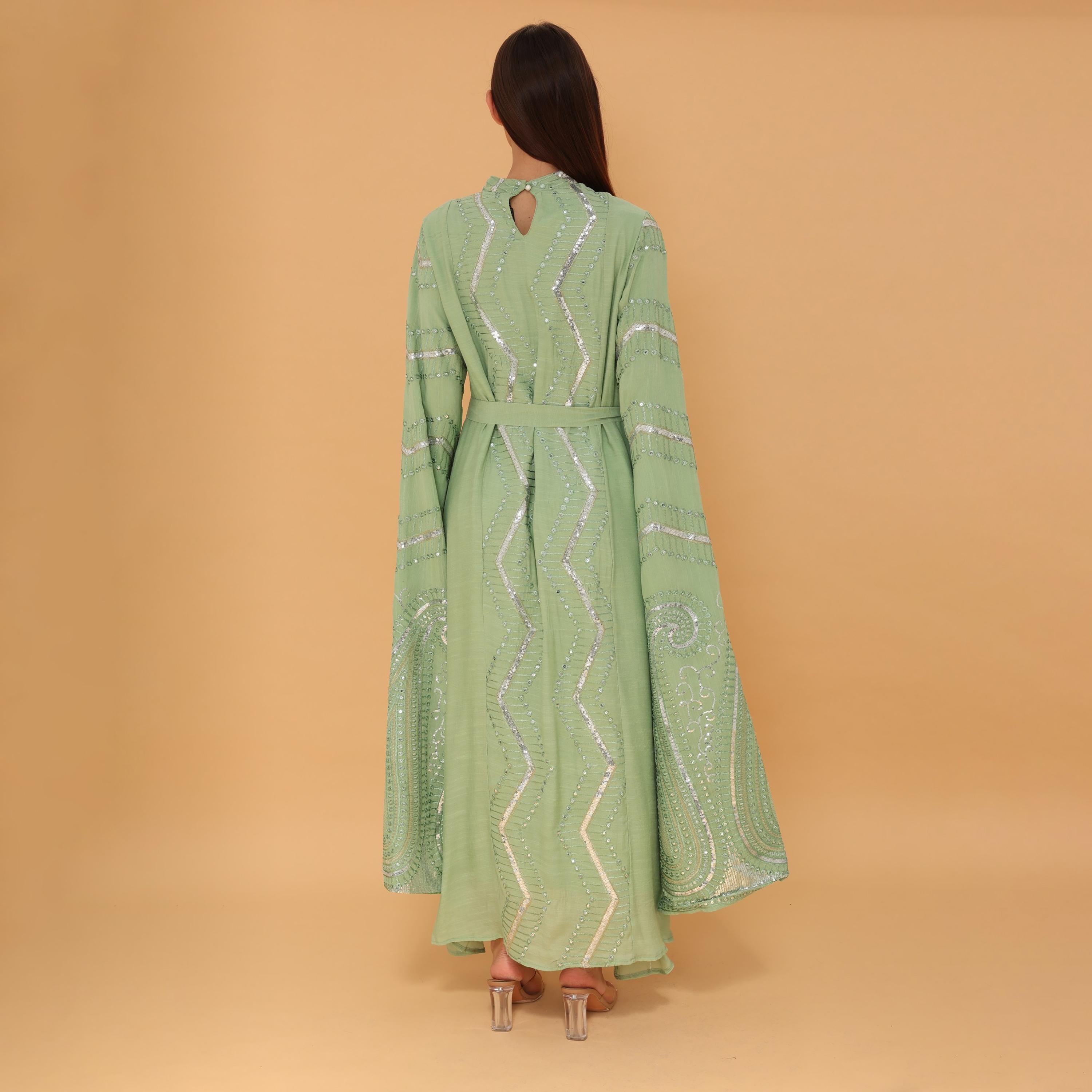IKKXA Flared Sleeves Embroidered and Sequined Women's Evening Jalabiya with Belt-women-clothing-dresses-image-4
