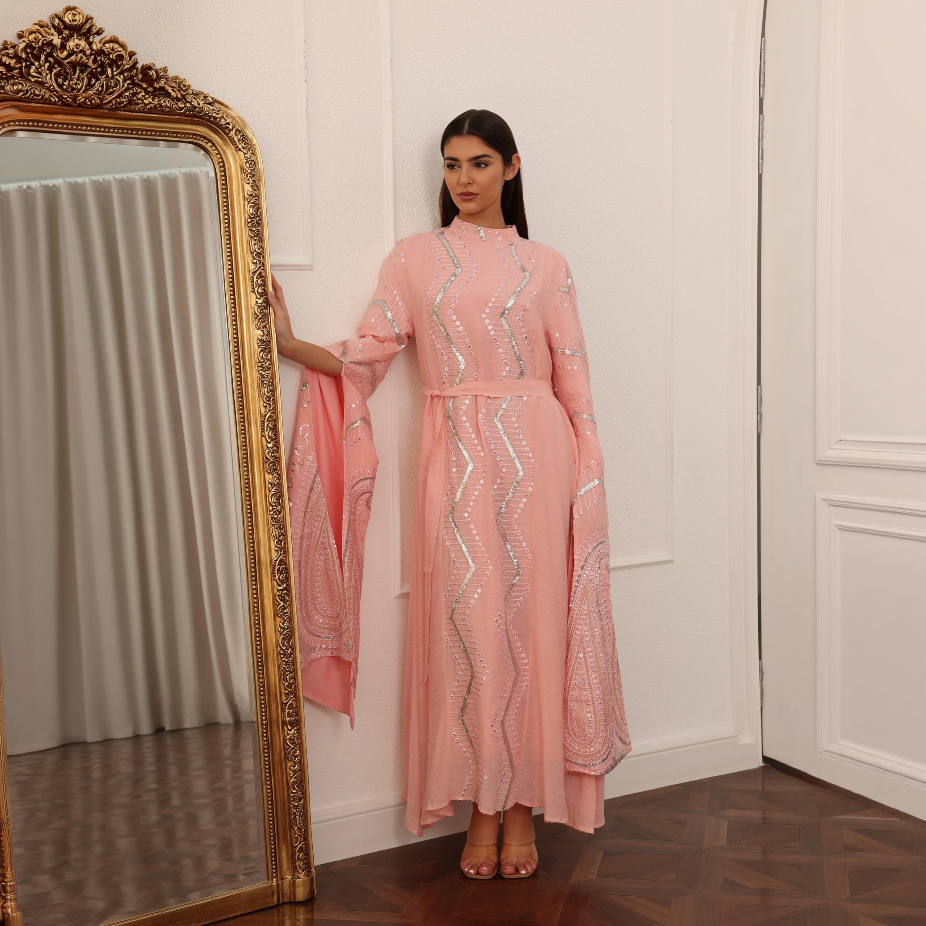 IKKXA Flared Sleeves Embroidered and Sequined Women's Evening Jalabiya with Belt-women-clothing-dresses-image-5