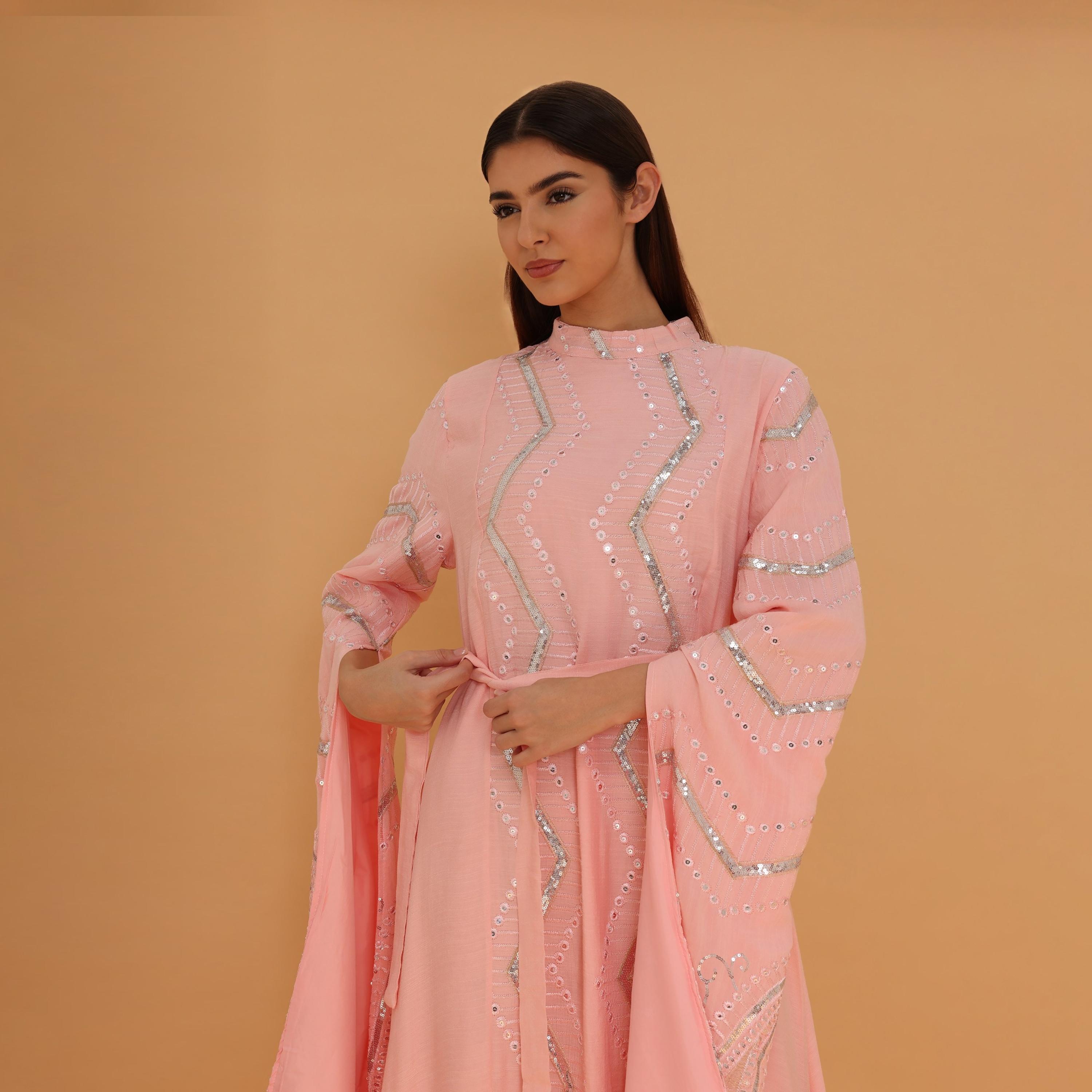 IKKXA Flared Sleeves Embroidered and Sequined Women's Evening Jalabiya with Belt-women-clothing-dresses-image-6