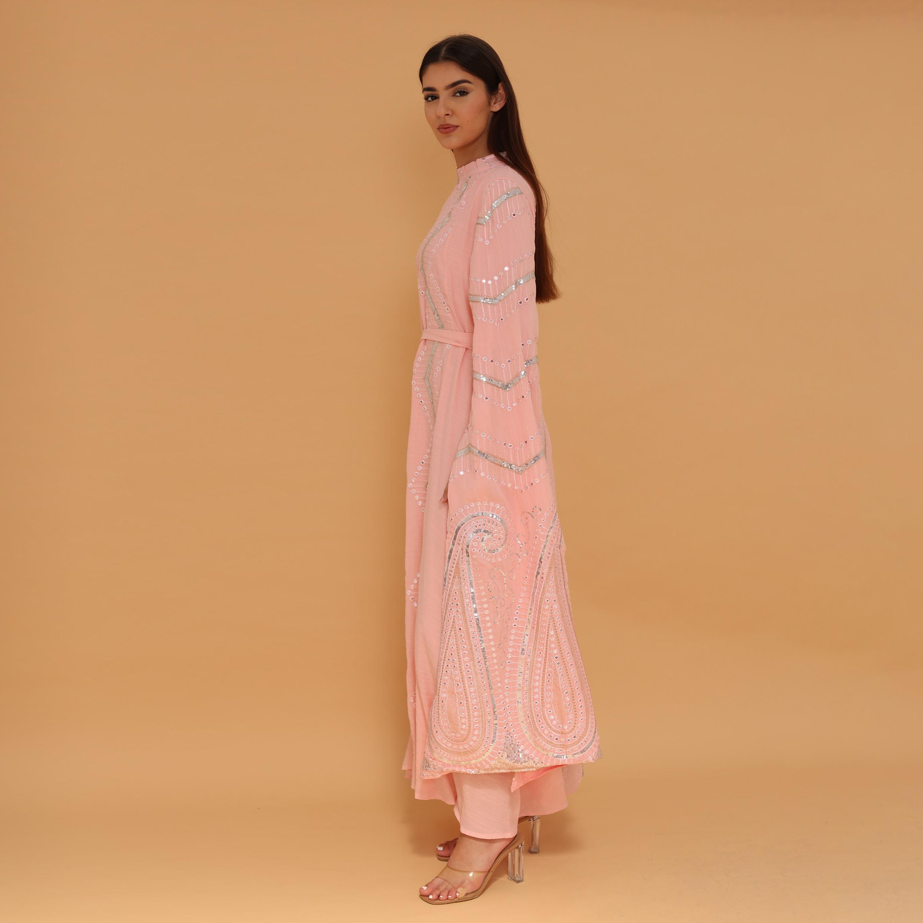 IKKXA Flared Sleeves Embroidered and Sequined Women's Evening Jalabiya with Belt-women-clothing-dresses-image-7