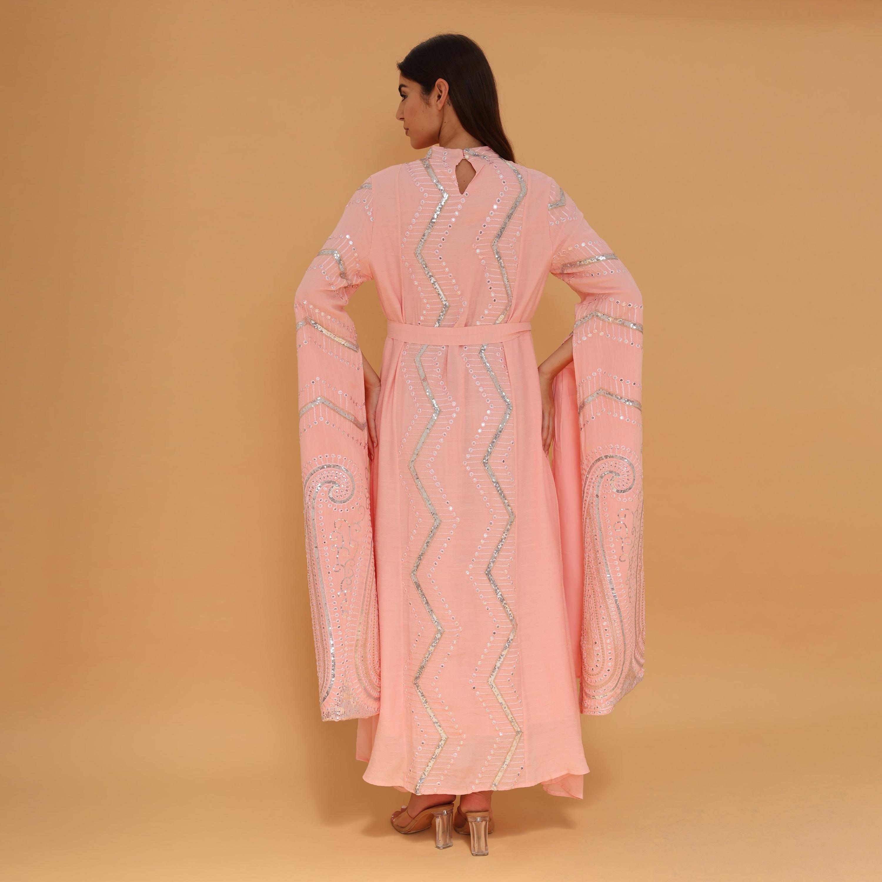IKKXA Flared Sleeves Embroidered and Sequined Women's Evening Jalabiya with Belt-women-clothing-dresses-image-8