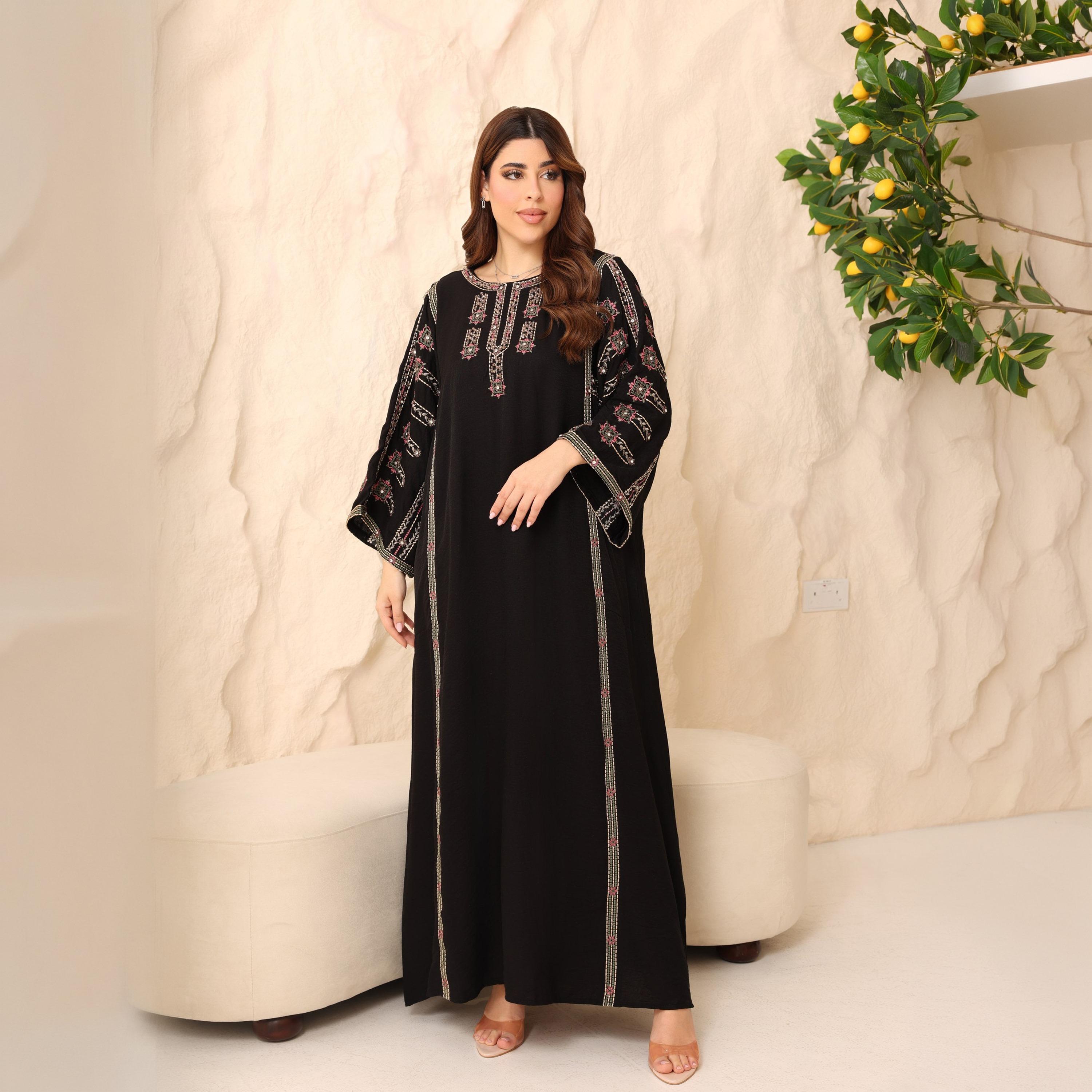 IKKXA Flared Sleeves Embroidered and Crystal Women's Jalabiya-women-arabicclothing-jalabiyas-image-1