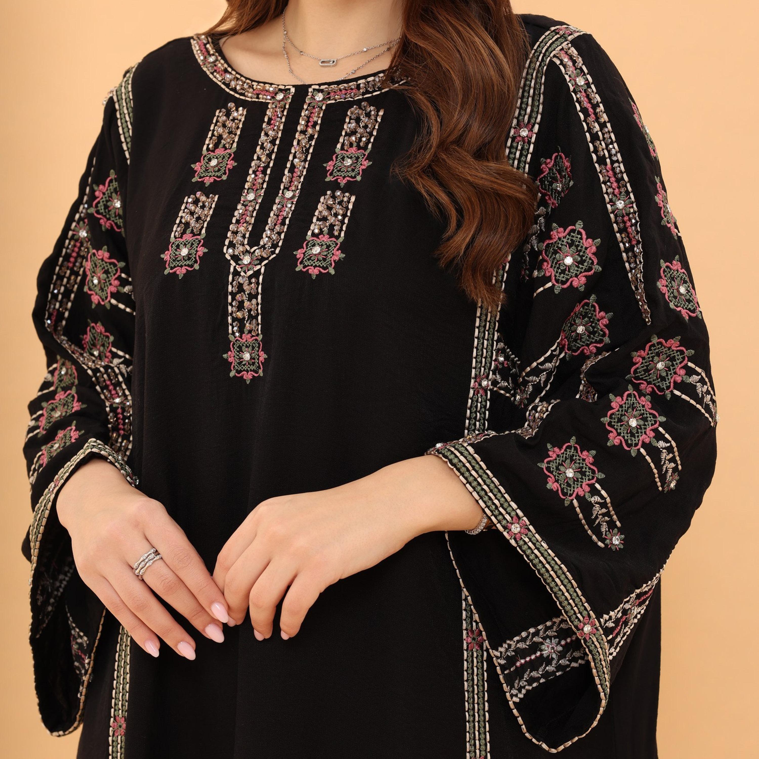 IKKXA Flared Sleeves Embroidered and Crystal Women's Jalabiya-women-arabicclothing-jalabiyas-image-2