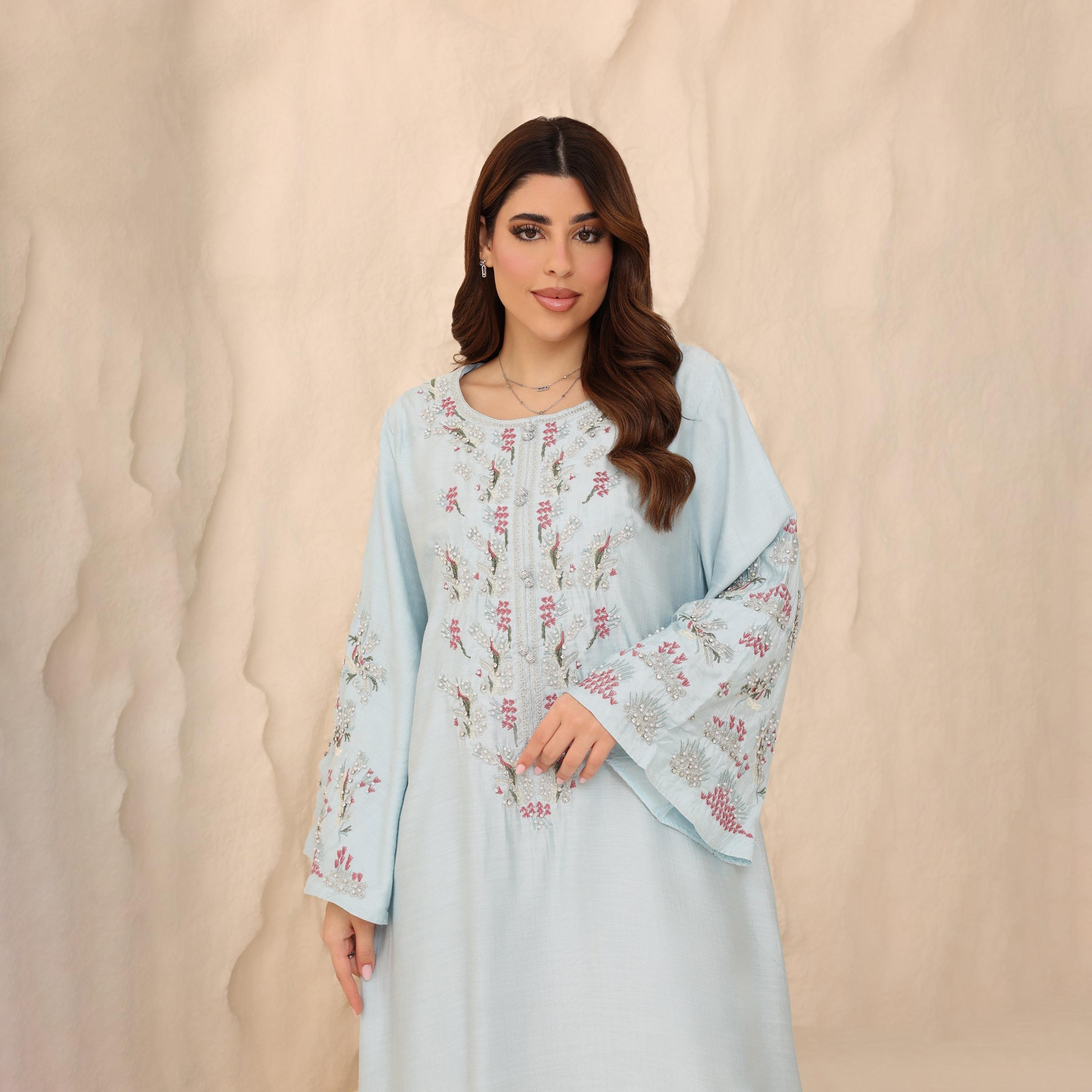 IKKXA Flared Sleeves Embroidered and Pearl Women's Evening Jalabiya-women-arabicclothing-jalabiyas-image-2