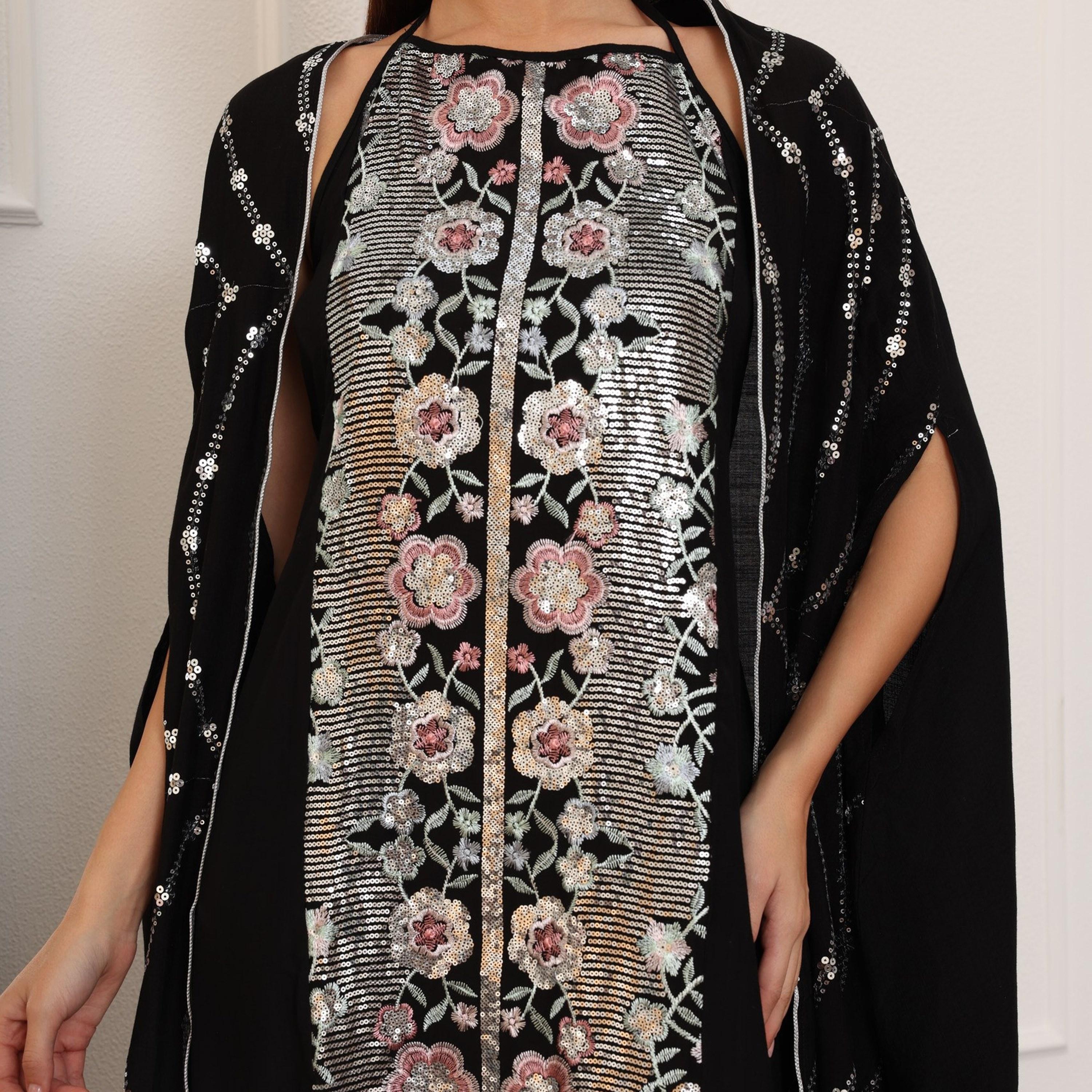 جلابية سهرة نسائية بتطريز "فلورا" و"سيكوين" مع طبقة "كيب" علوية من إككسا-women-clothing-dresses-image-11
