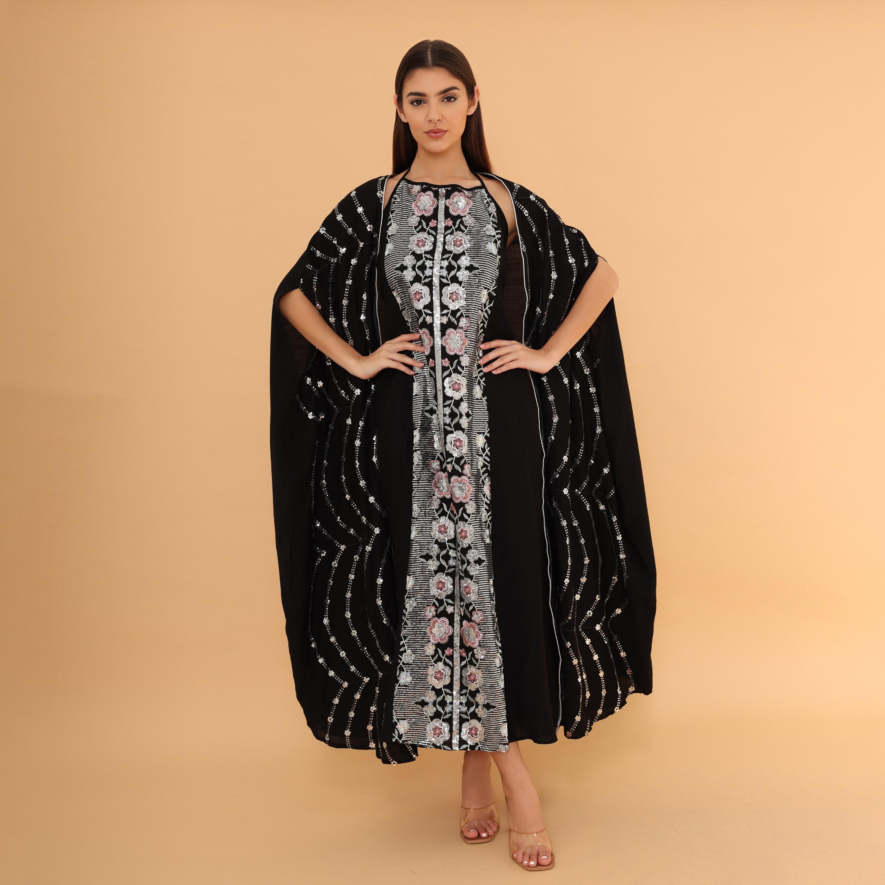 IKKXA Flora Embroidered and Sequined Women's Evening Jalabiya with Cape Overlay-women-clothing-dresses-image-4