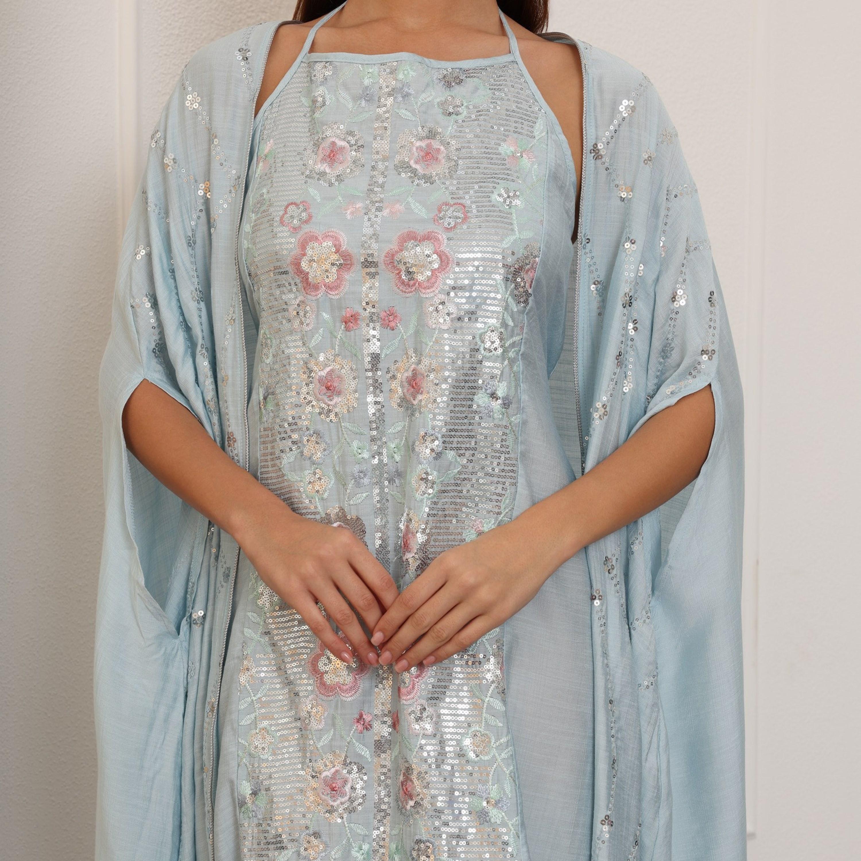 جلابية سهرة نسائية بتطريز "فلورا" و"سيكوين" مع طبقة "كيب" علوية من إككسا-women-clothing-dresses-image-2