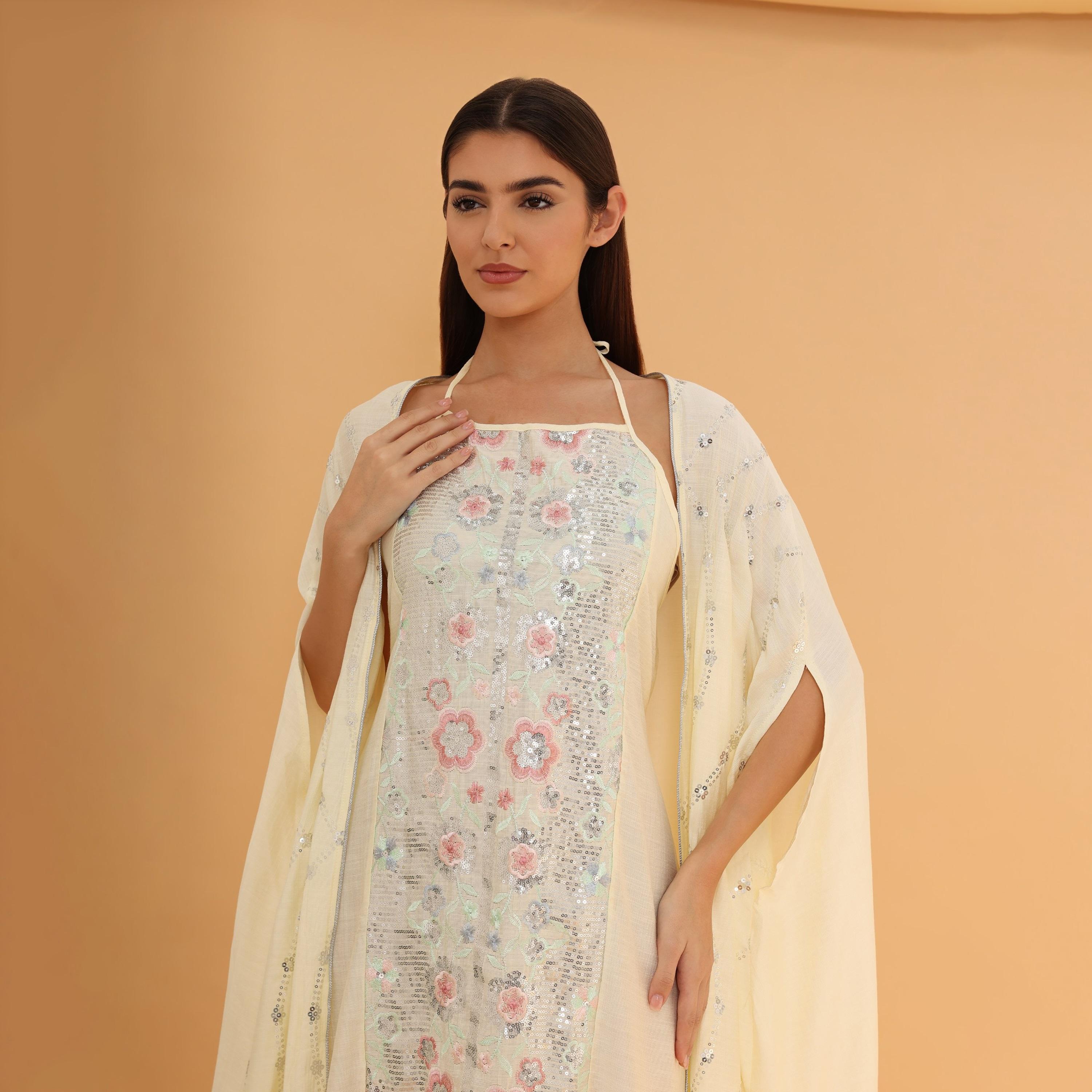 جلابية سهرة نسائية بتطريز "فلورا" و"سيكوين" مع طبقة "كيب" علوية من إككسا-women-clothing-dresses-image-7