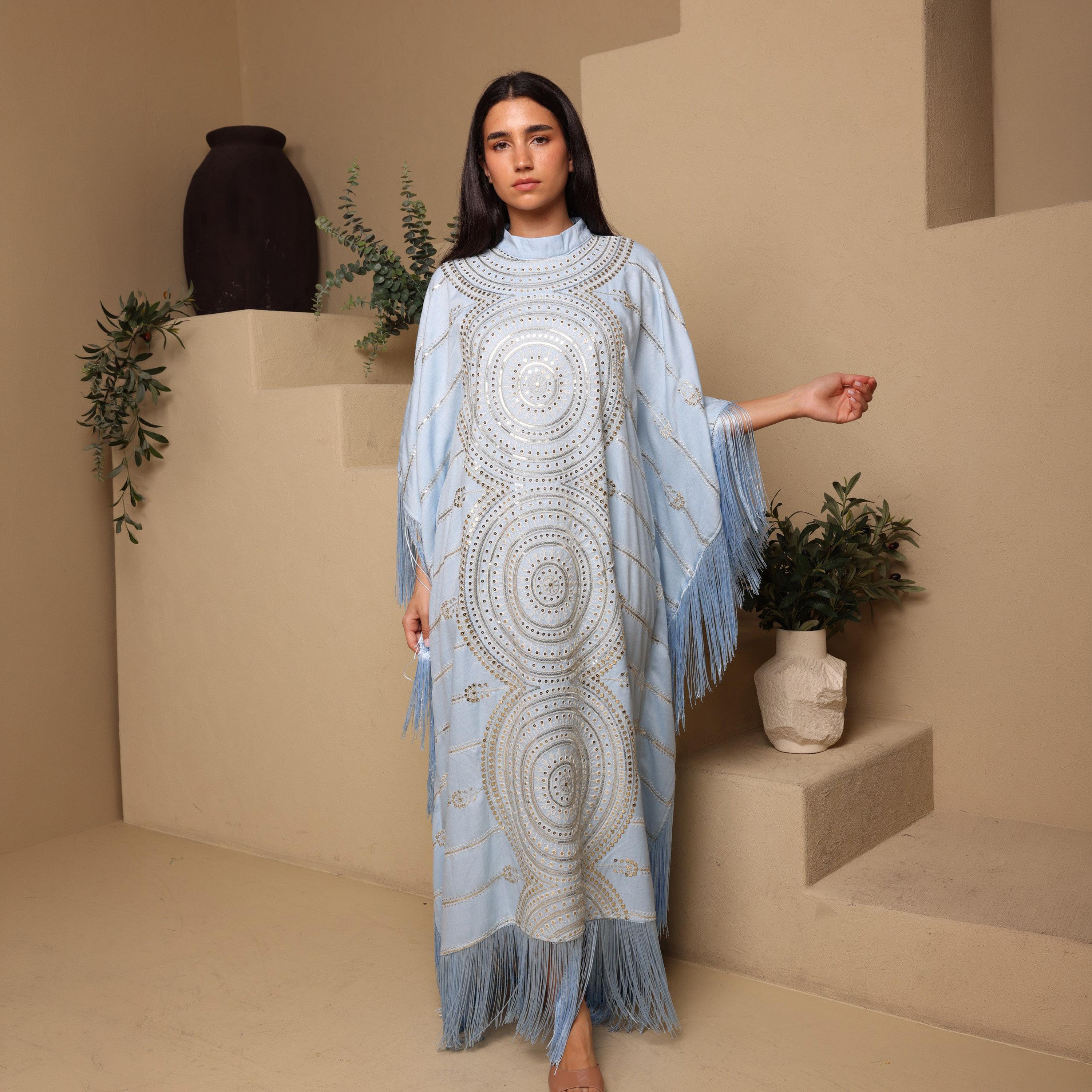 IKKXA Mandala Embroidred & Sequined Mock Neck Kaftan Sleeves Women's Evening Jalabiya-women-arabicclothing-jalabiyas-image-1
