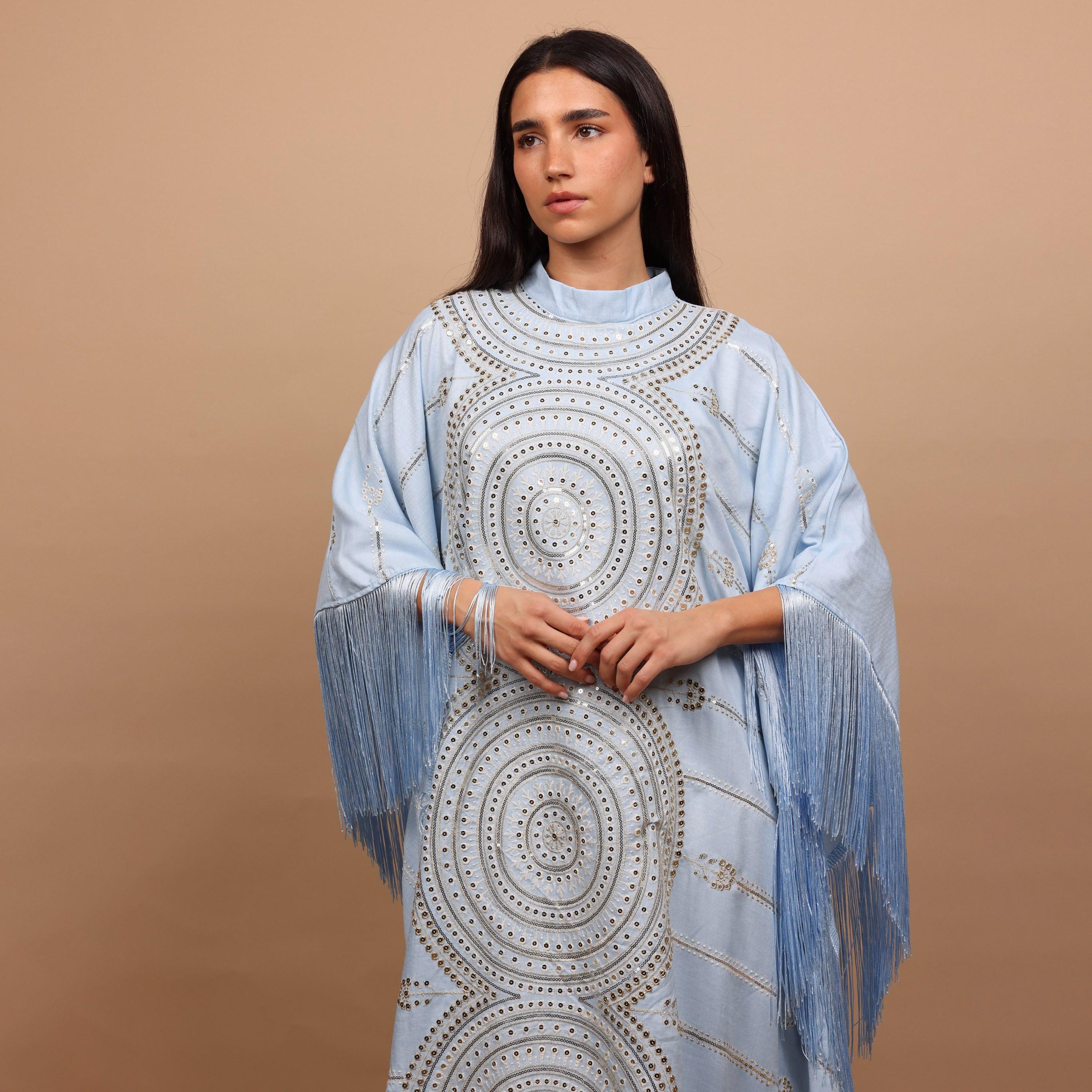 IKKXA Mandala Embroidred & Sequined Mock Neck Kaftan Sleeves Women's Evening Jalabiya-women-arabicclothing-jalabiyas-image-2