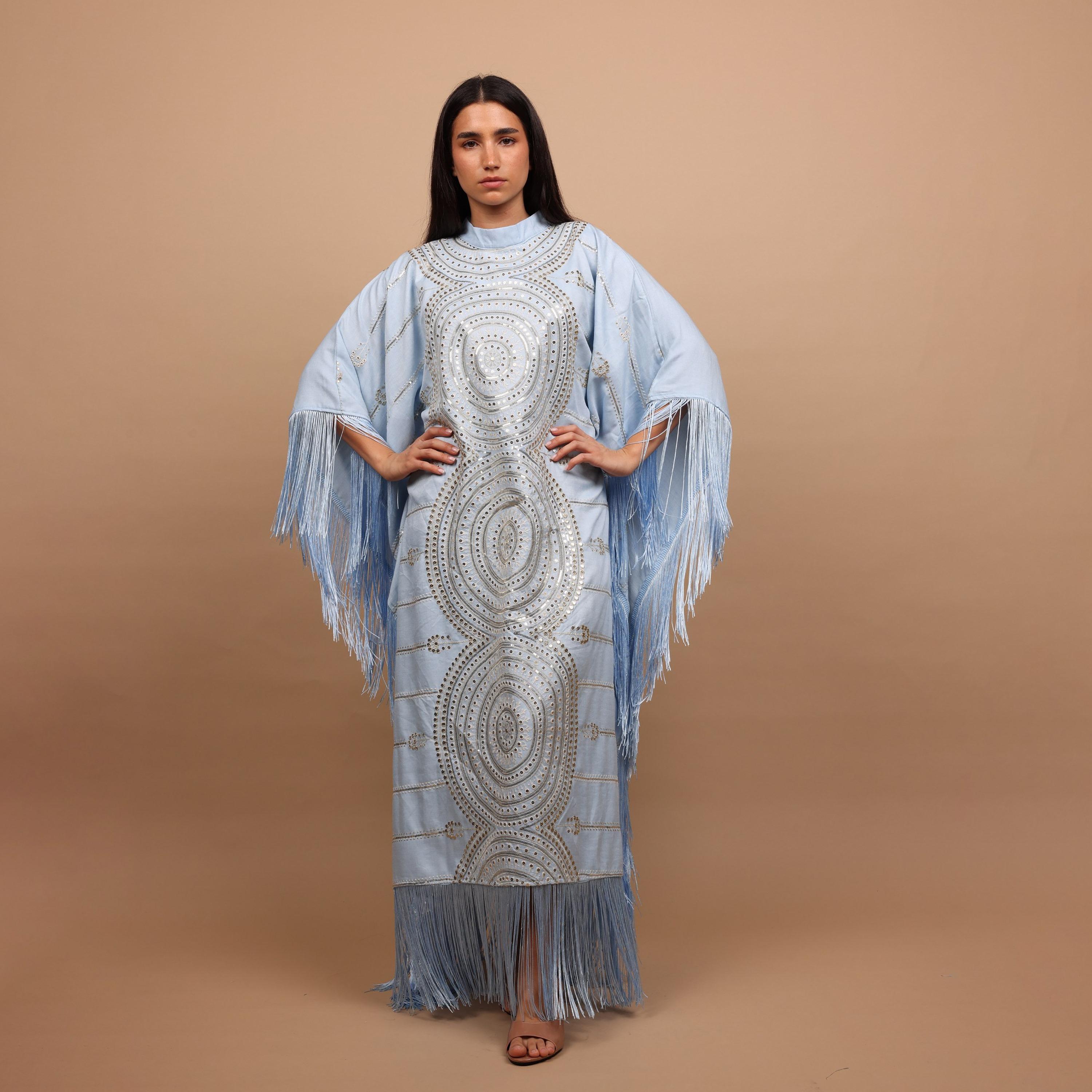 IKKXA Mandala Embroidred & Sequined Mock Neck Kaftan Sleeves Women's Evening Jalabiya-women-arabicclothing-jalabiyas-image-4