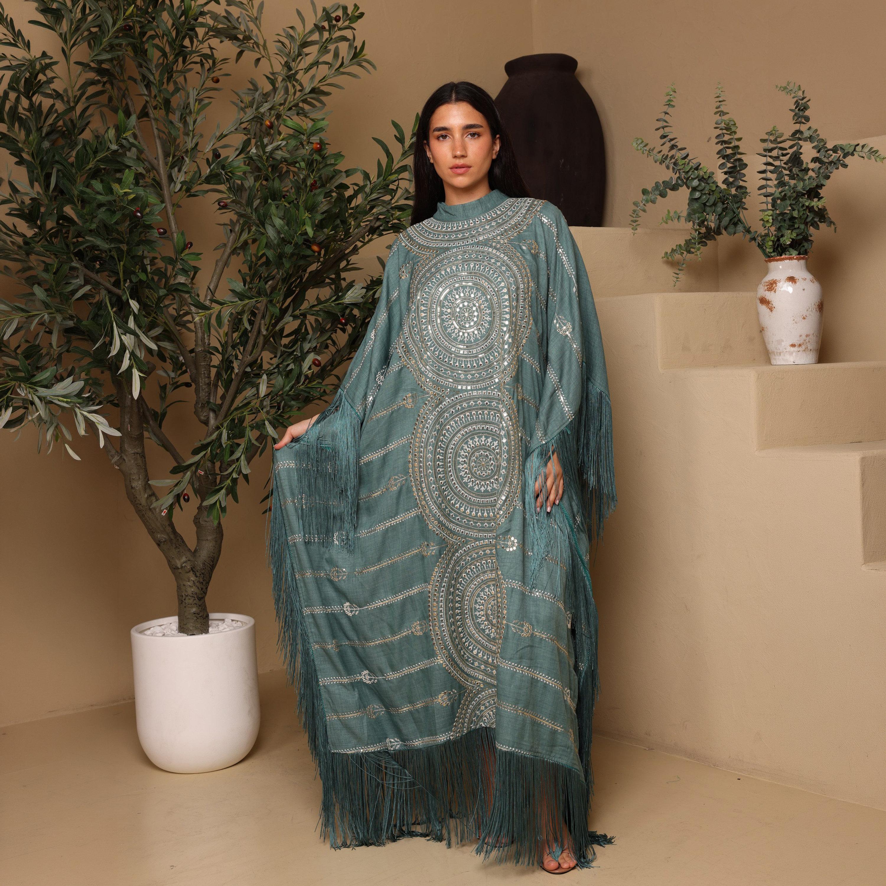 IKKXA Mandala Embroidred & Sequined Mock Neck Kaftan Sleeves Women's Evening Jalabiya-women-arabicclothing-jalabiyas-image-1