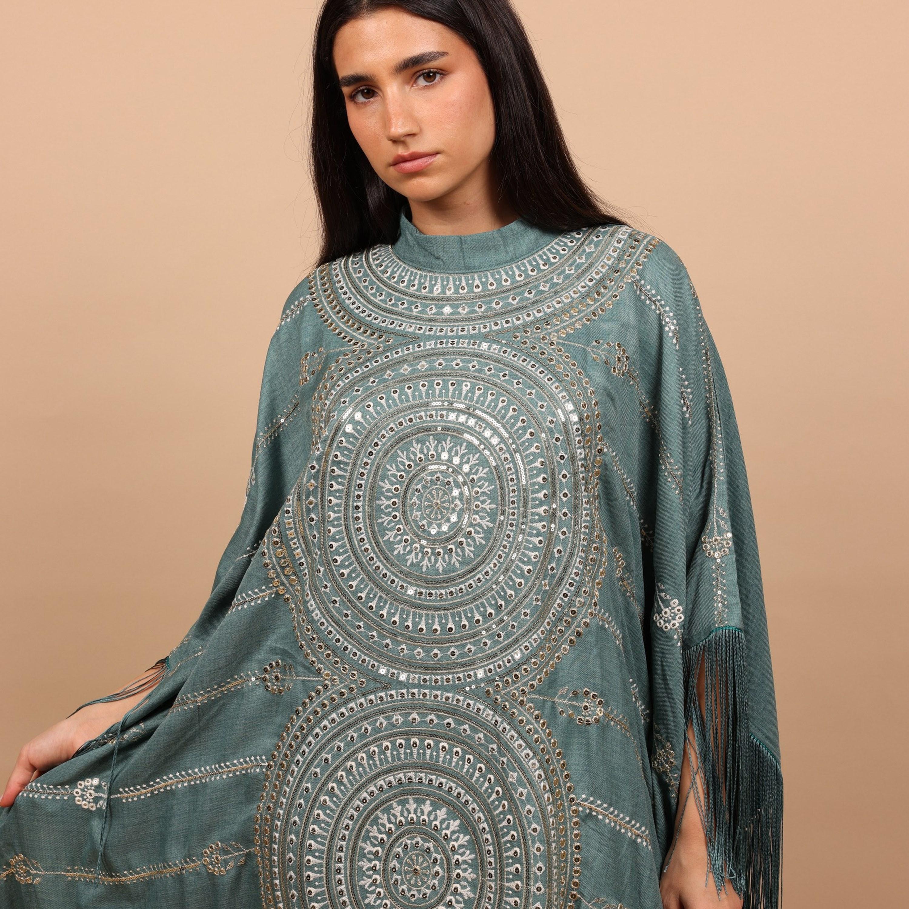 IKKXA Mandala Embroidred & Sequined Mock Neck Kaftan Sleeves Women's Evening Jalabiya-women-arabicclothing-jalabiyas-image-2