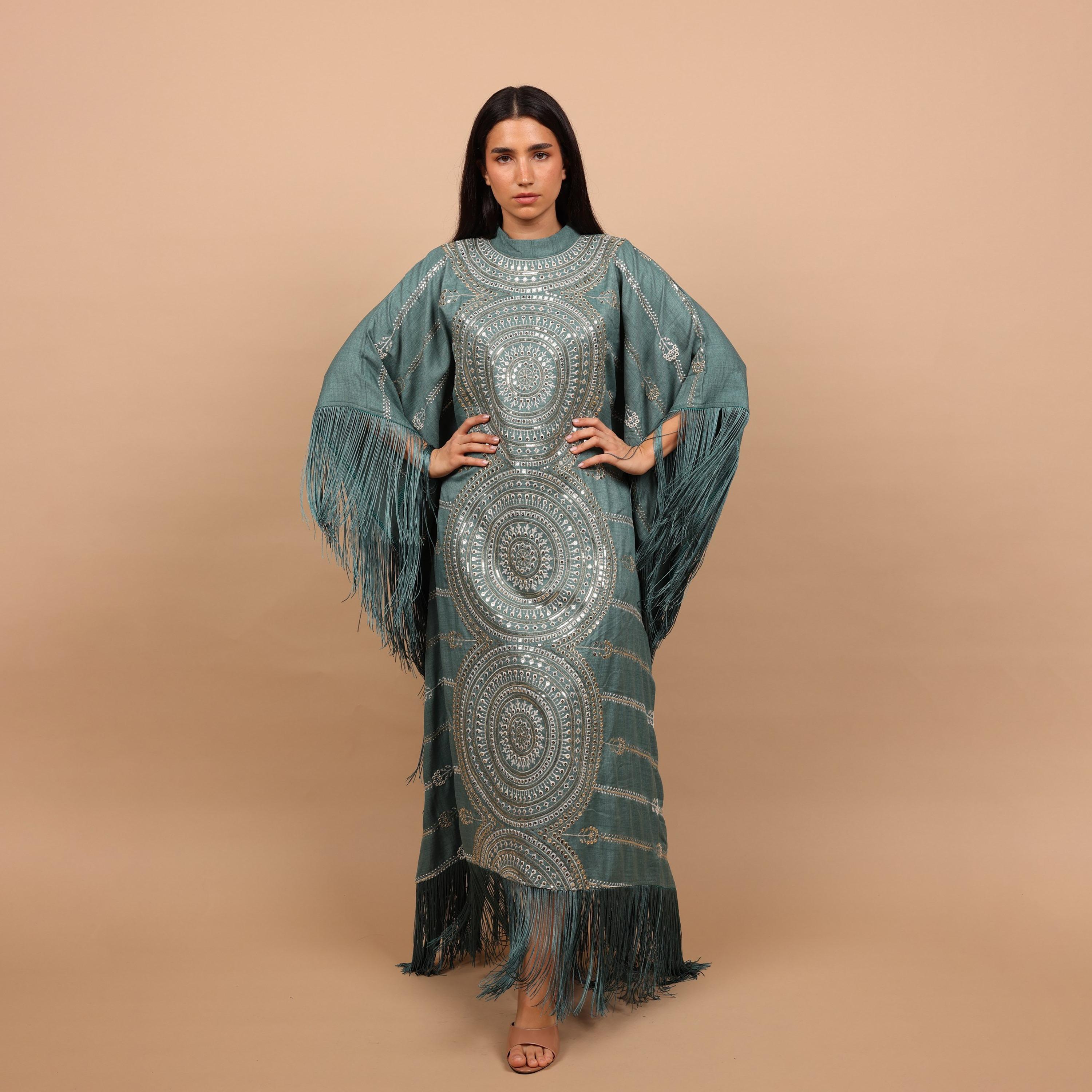 IKKXA Mandala Embroidred & Sequined Mock Neck Kaftan Sleeves Women's Evening Jalabiya-women-arabicclothing-jalabiyas-image-3