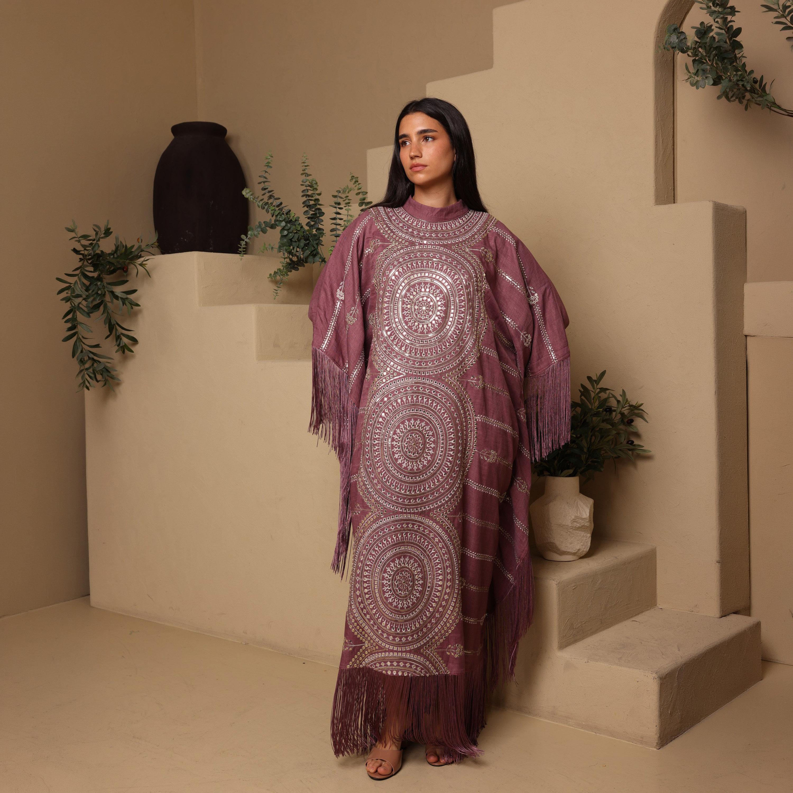 IKKXA Mandala Embroidred & Sequined Mock Neck Kaftan Sleeves Women's Evening Jalabiya-women-arabicclothing-jalabiyas-image-1