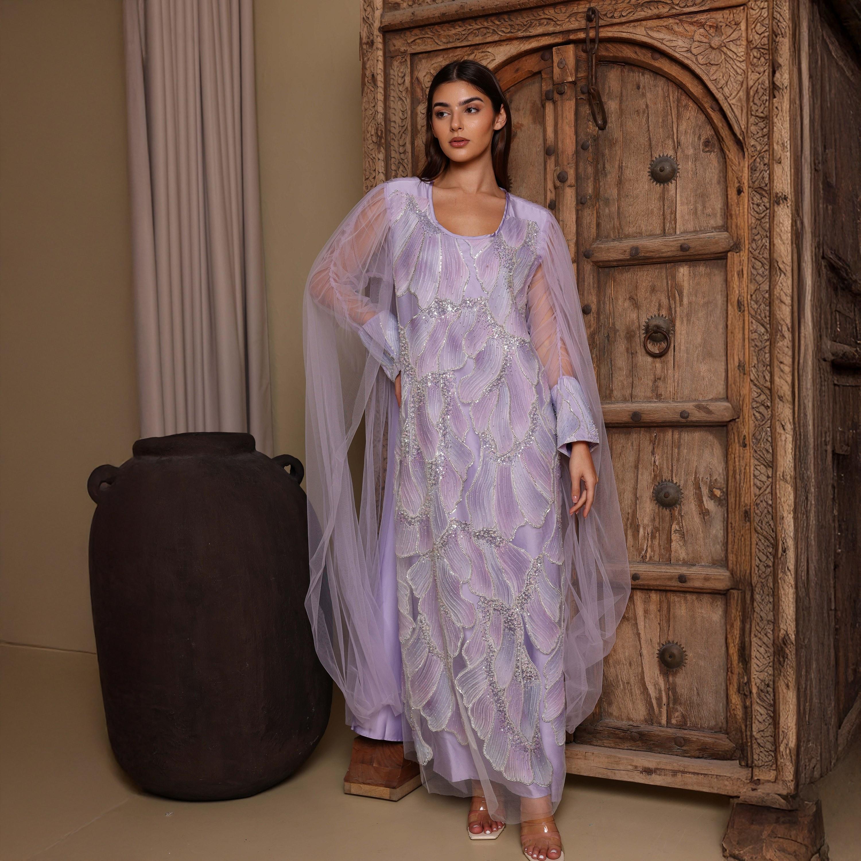 IKKXA Beaded Ruched Sleeves Women's Evening Jalabiya with Mesh Overlay-women-arabicclothing-jalabiyas-image-1