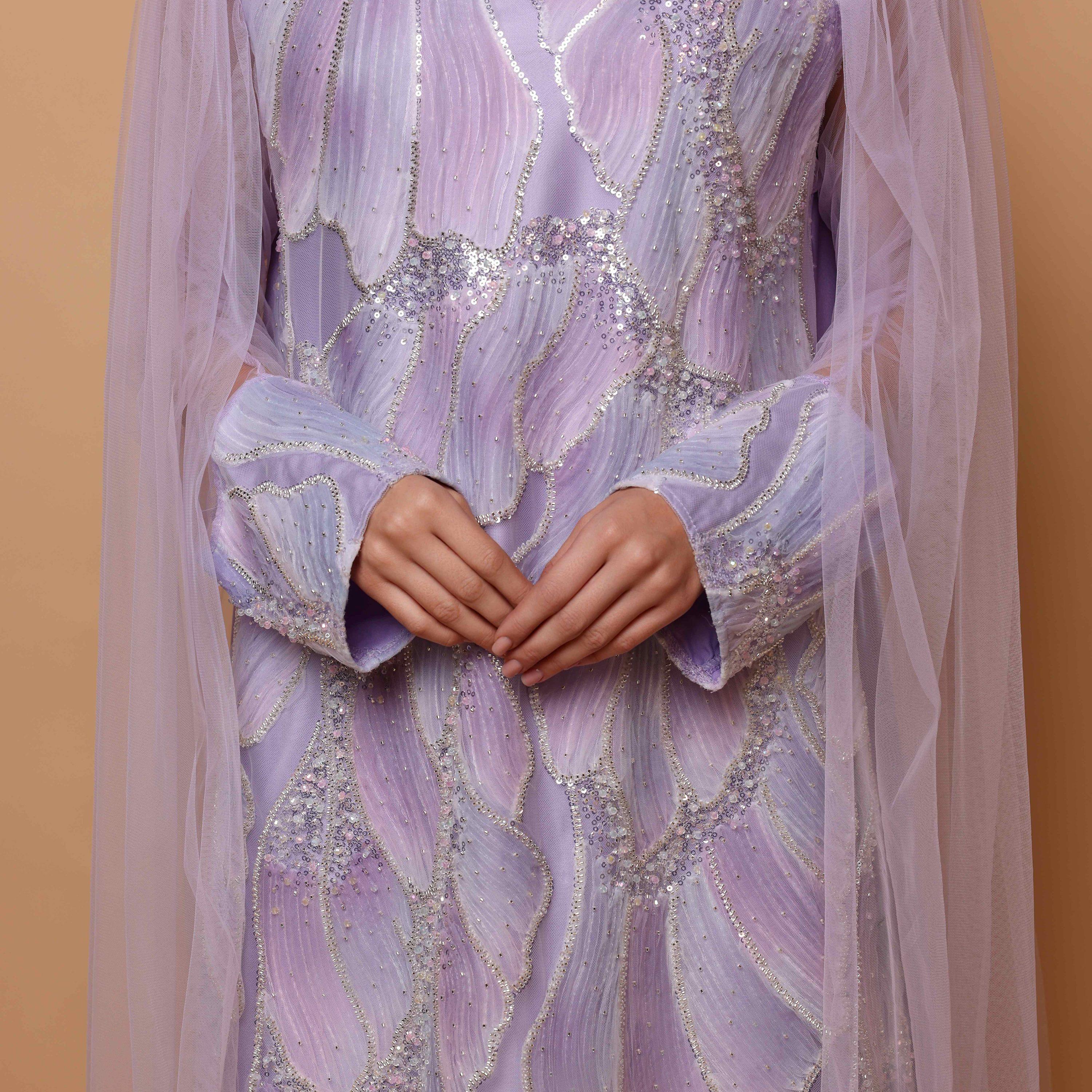 IKKXA Beaded Ruched Sleeves Women's Evening Jalabiya with Mesh Overlay-women-arabicclothing-jalabiyas-image-2