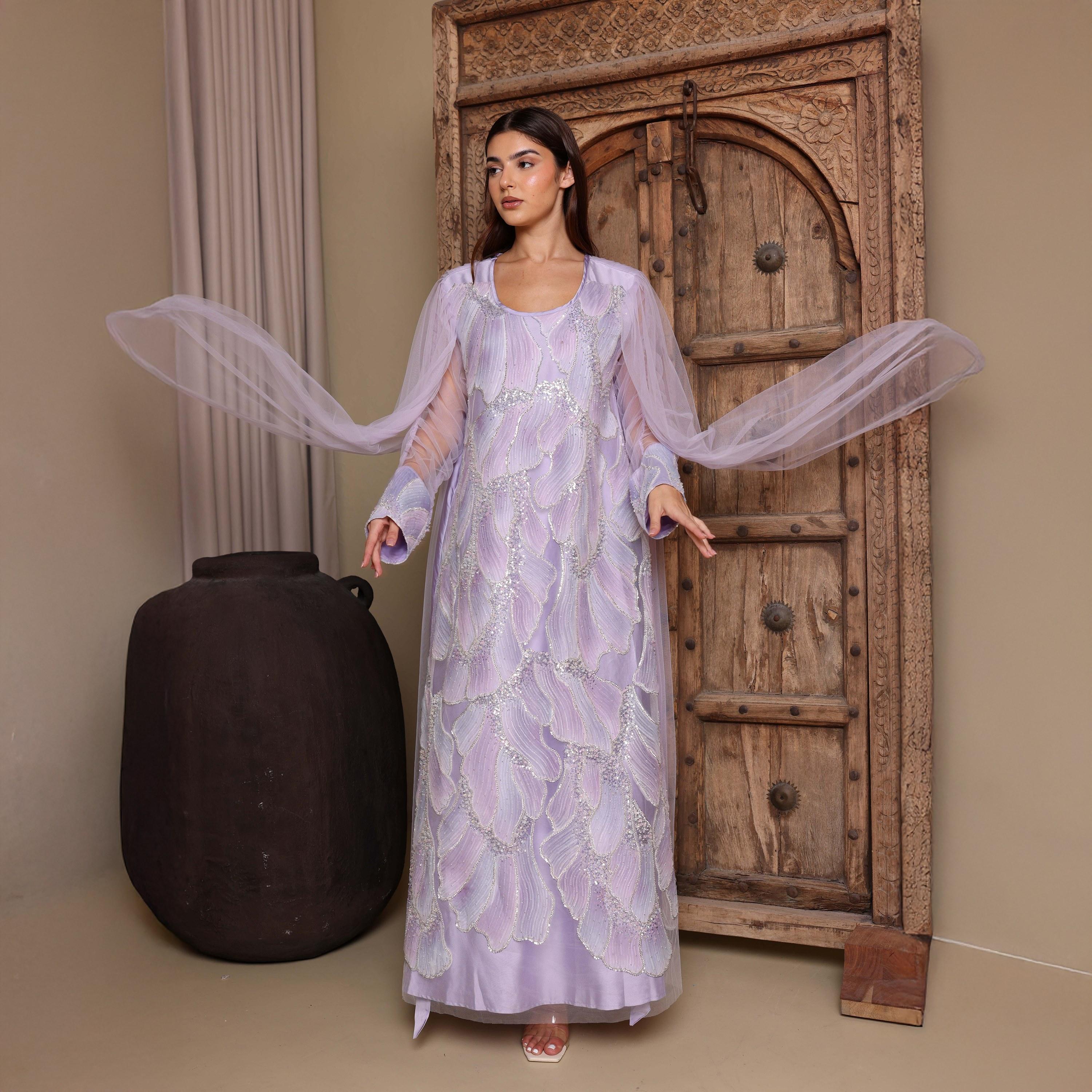IKKXA Beaded Ruched Sleeves Women's Evening Jalabiya with Mesh Overlay-women-arabicclothing-jalabiyas-image-3