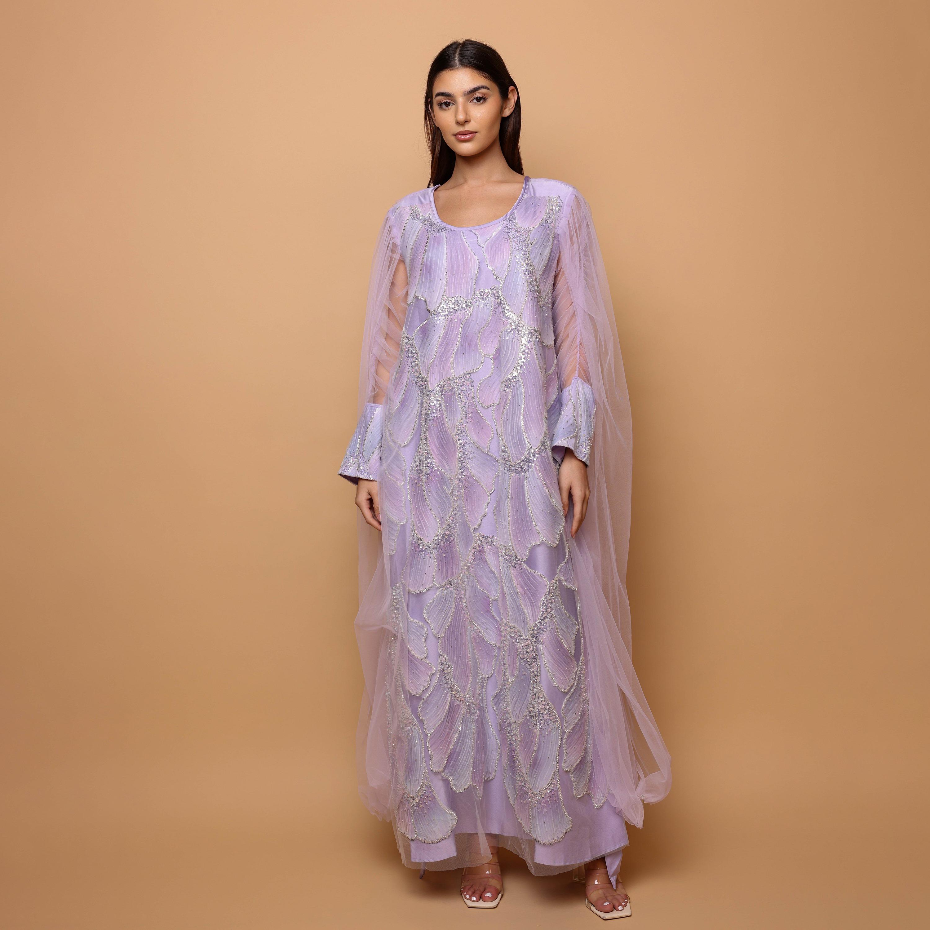 IKKXA Beaded Ruched Sleeves Women's Evening Jalabiya with Mesh Overlay-women-arabicclothing-jalabiyas-image-4