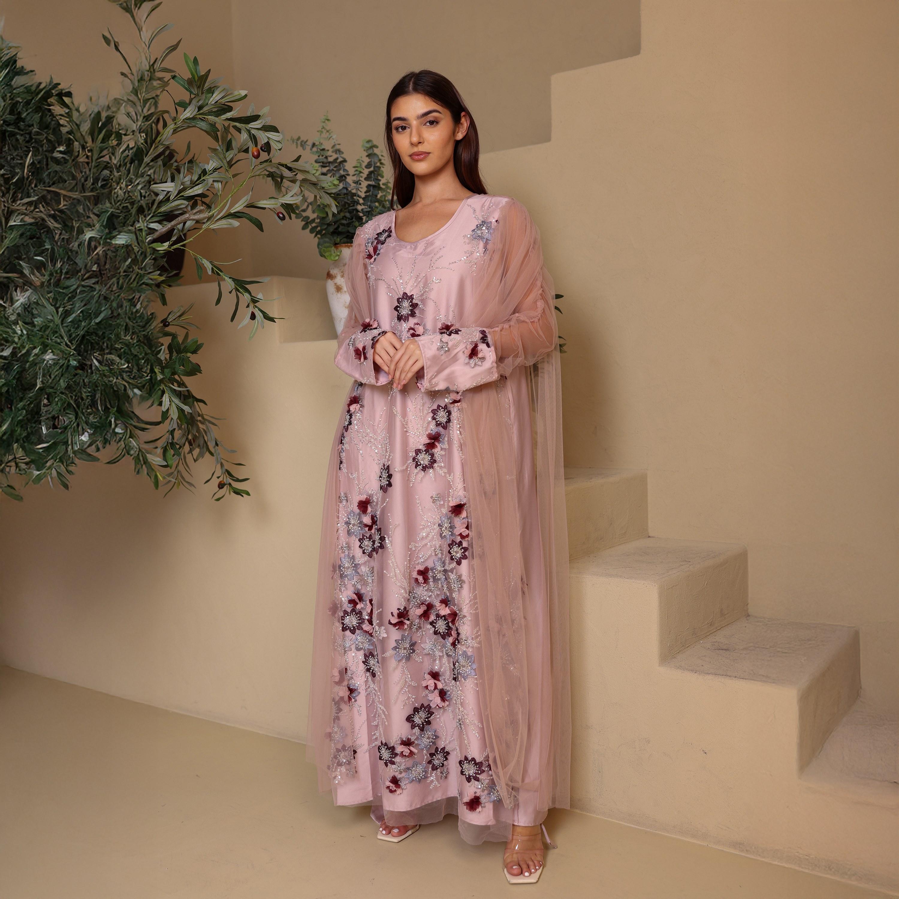IKKXA Pink Embroidered & Beaded Ruched Sleeves Women's Evening Jalabiya with Mesh Overlay-women-arabicclothing-jalabiyas-image-1