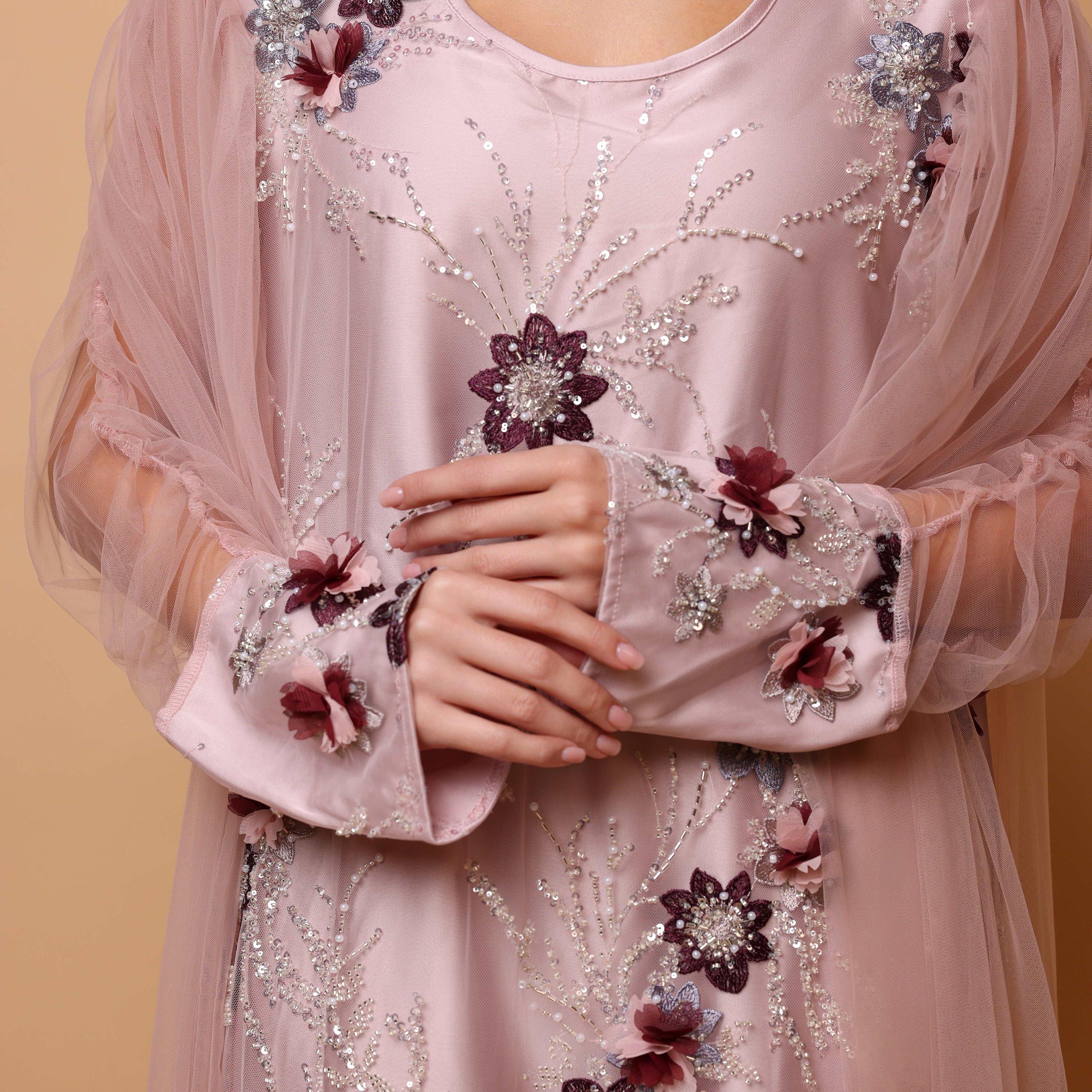 IKKXA Pink Embroidered & Beaded Ruched Sleeves Women's Evening Jalabiya with Mesh Overlay-women-arabicclothing-jalabiyas-image-2
