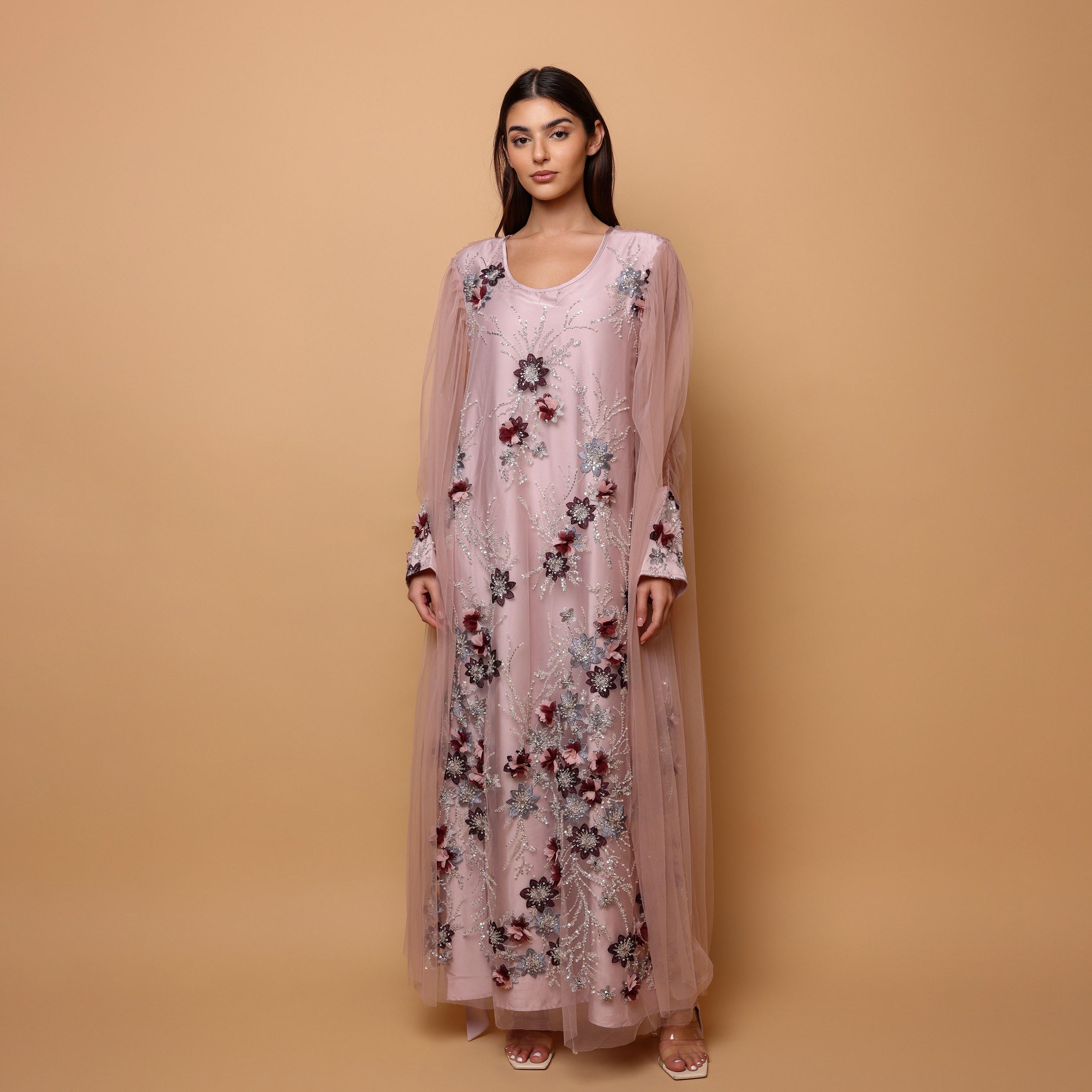 IKKXA Pink Embroidered & Beaded Ruched Sleeves Women's Evening Jalabiya with Mesh Overlay-women-arabicclothing-jalabiyas-image-3