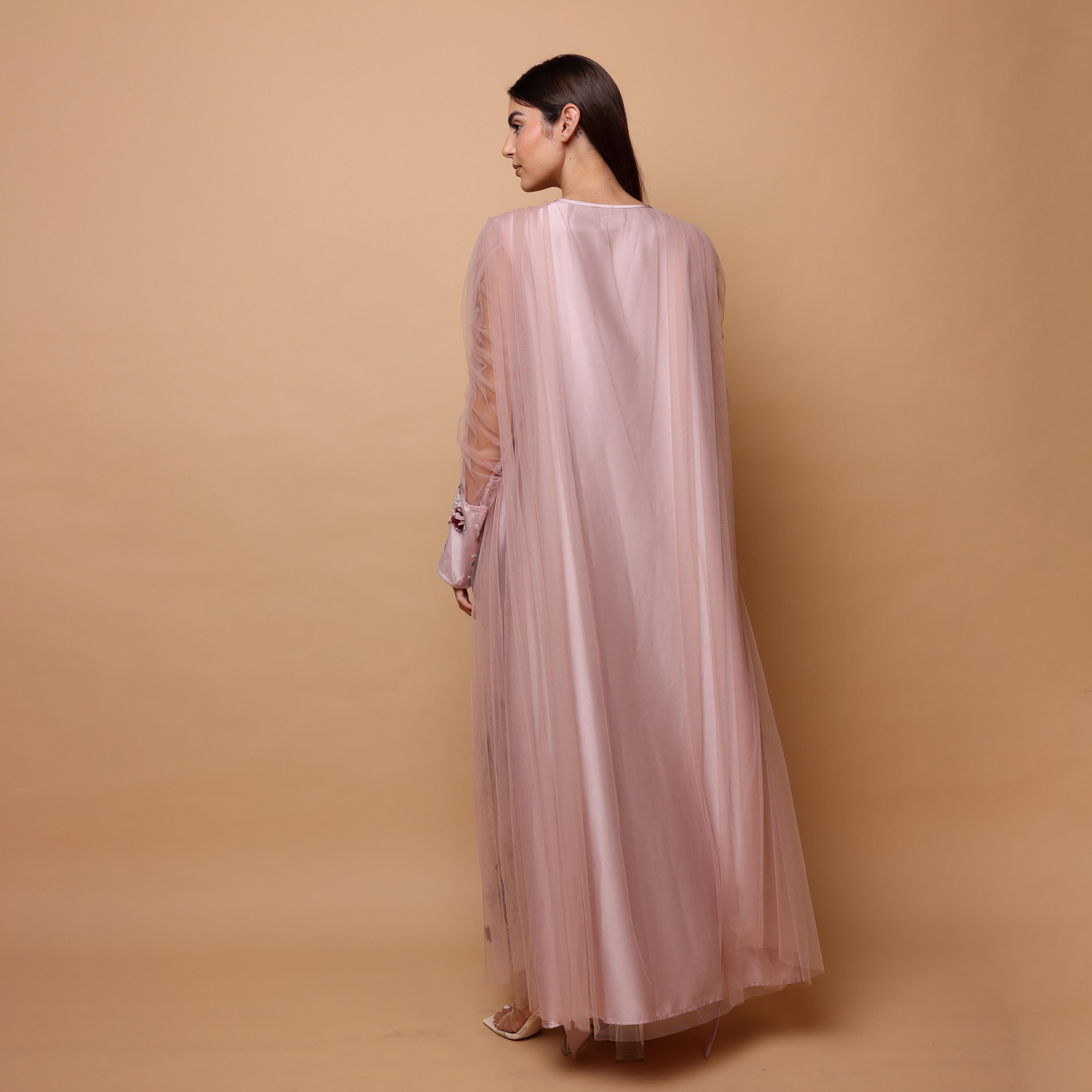IKKXA Pink Embroidered & Beaded Ruched Sleeves Women's Evening Jalabiya with Mesh Overlay-women-arabicclothing-jalabiyas-image-4
