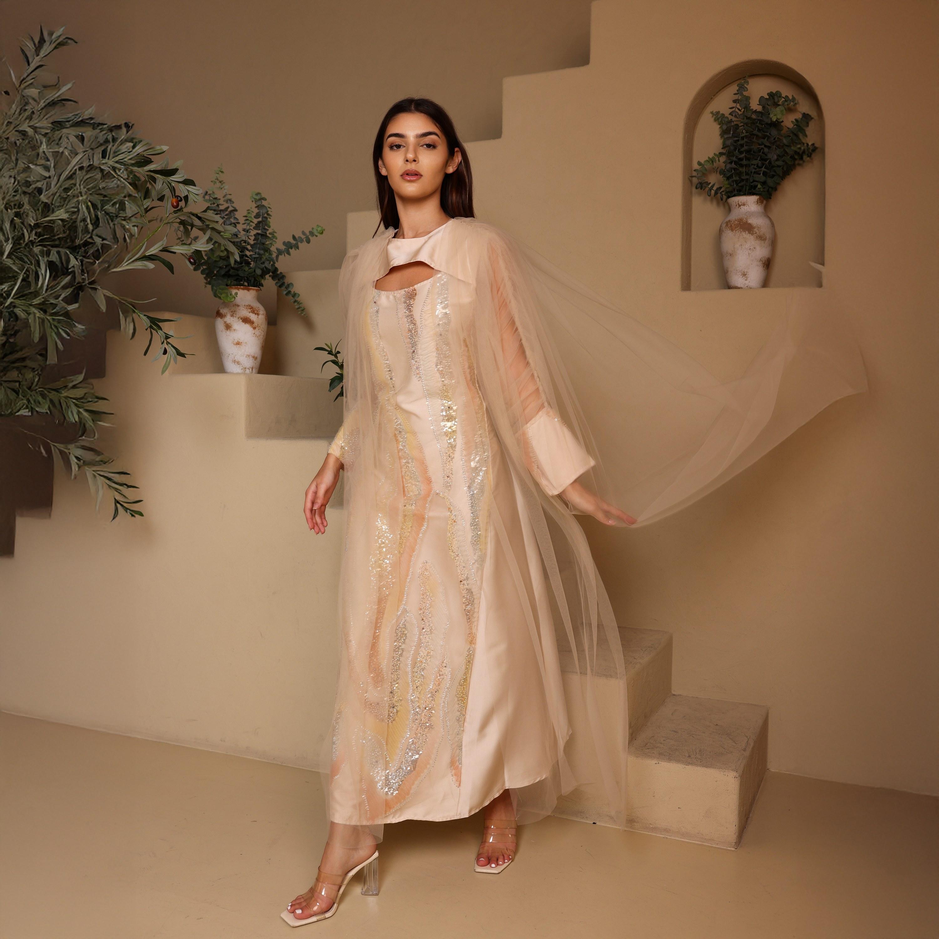 IKKXA Sequined & Beaded Ruched Sleeves Women's Evening Jalabiya with Mesh Overlay-women-arabicclothing-jalabiyas-image-1