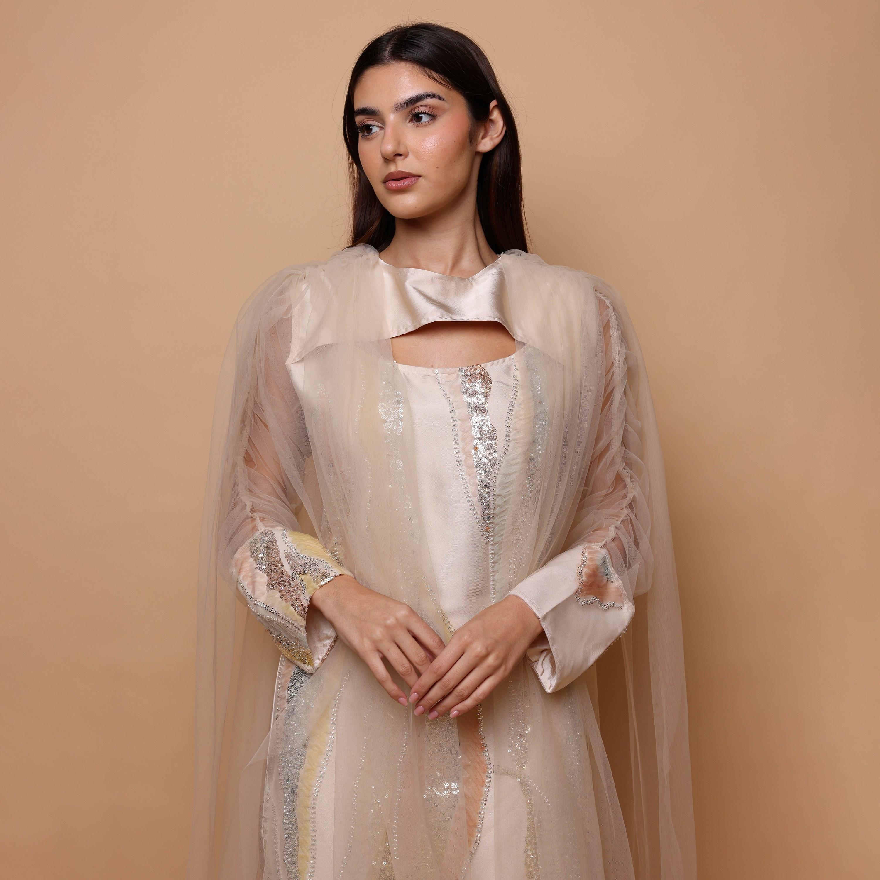 IKKXA Sequined & Beaded Ruched Sleeves Women's Evening Jalabiya with Mesh Overlay-women-arabicclothing-jalabiyas-image-2