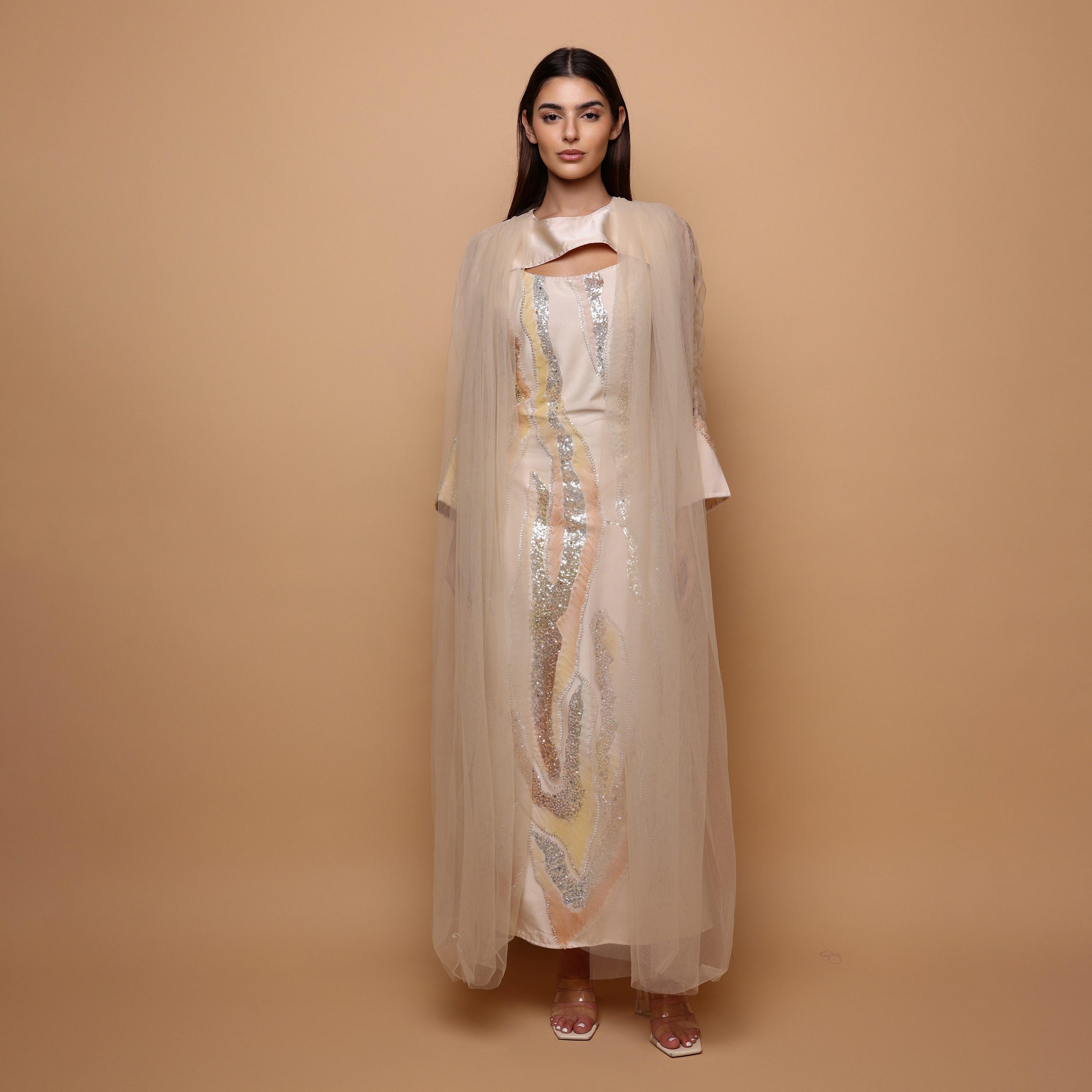 IKKXA Sequined & Beaded Ruched Sleeves Women's Evening Jalabiya with Mesh Overlay-women-arabicclothing-jalabiyas-image-3