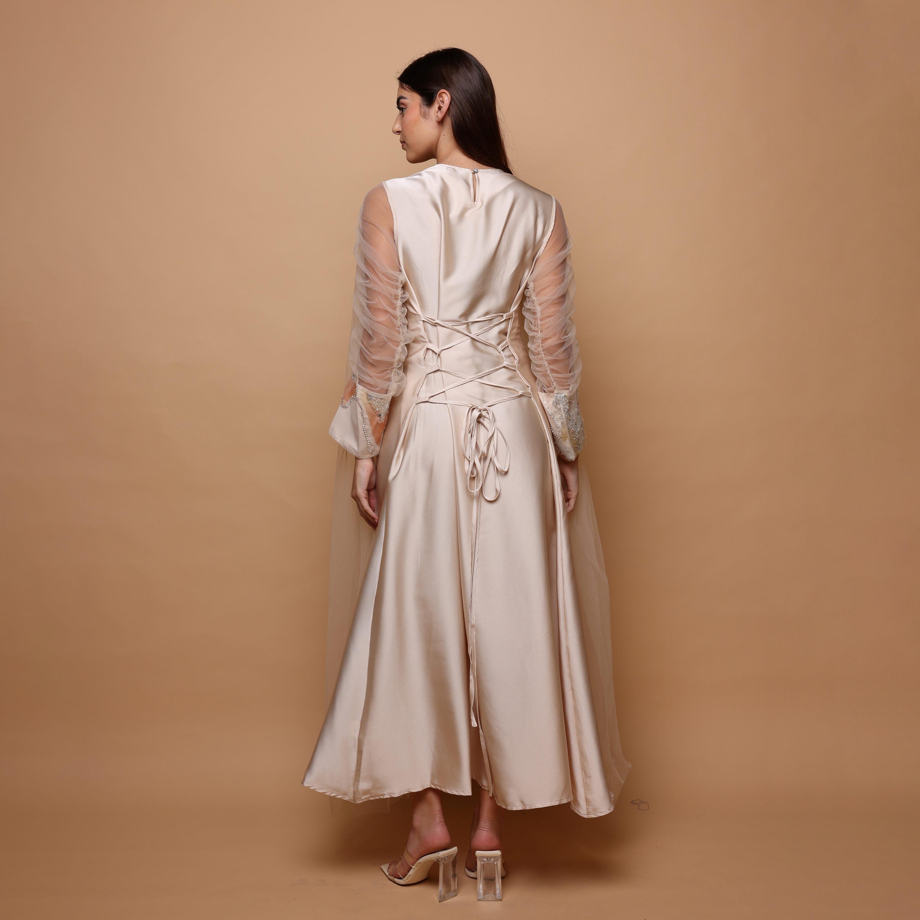 IKKXA Sequined & Beaded Ruched Sleeves Women's Evening Jalabiya with Mesh Overlay-women-arabicclothing-jalabiyas-image-4