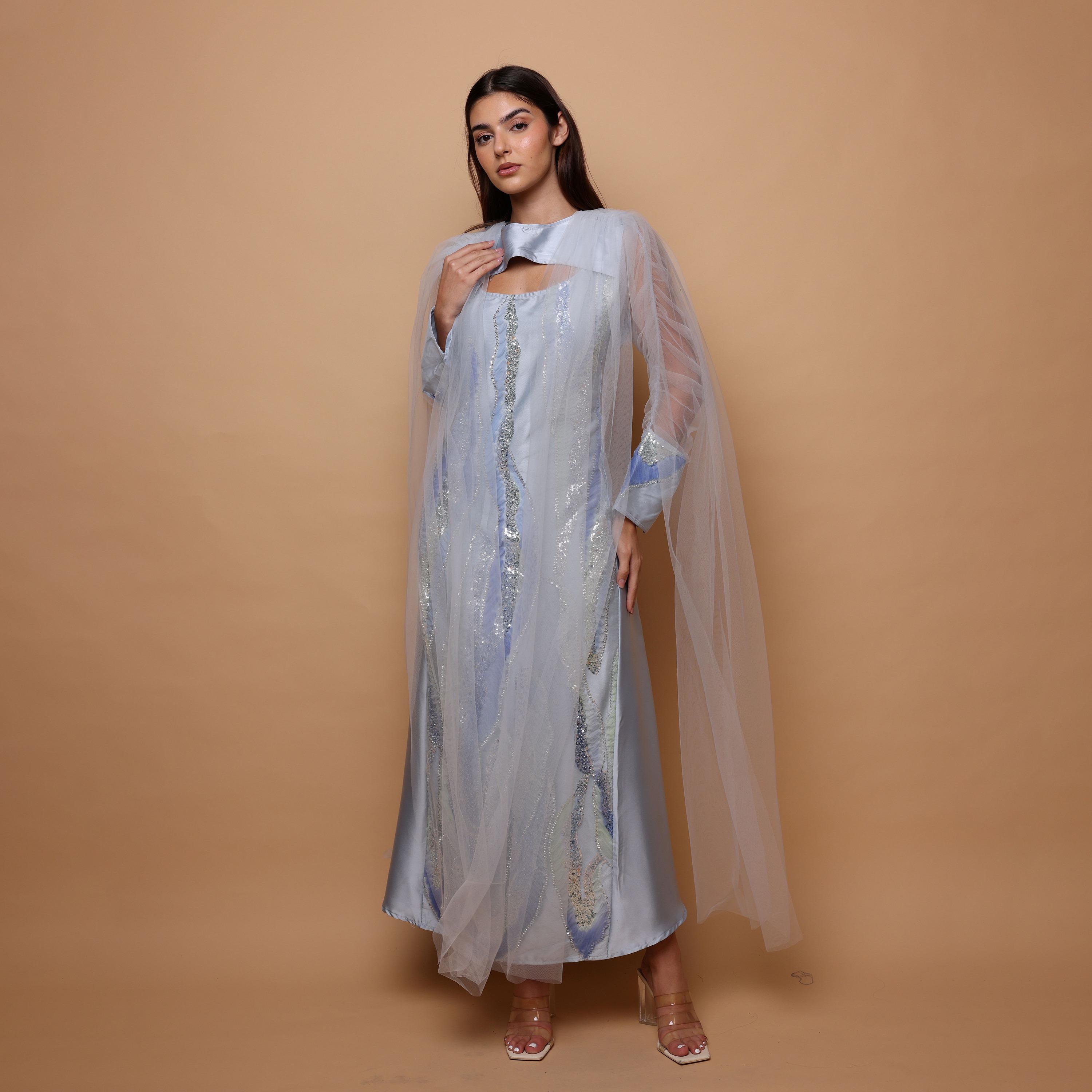 IKKXA Sequined & Beaded Ruched Sleeves Women's Evening Jalabiya with Mesh Overlay-women-arabicclothing-jalabiyas-image-1