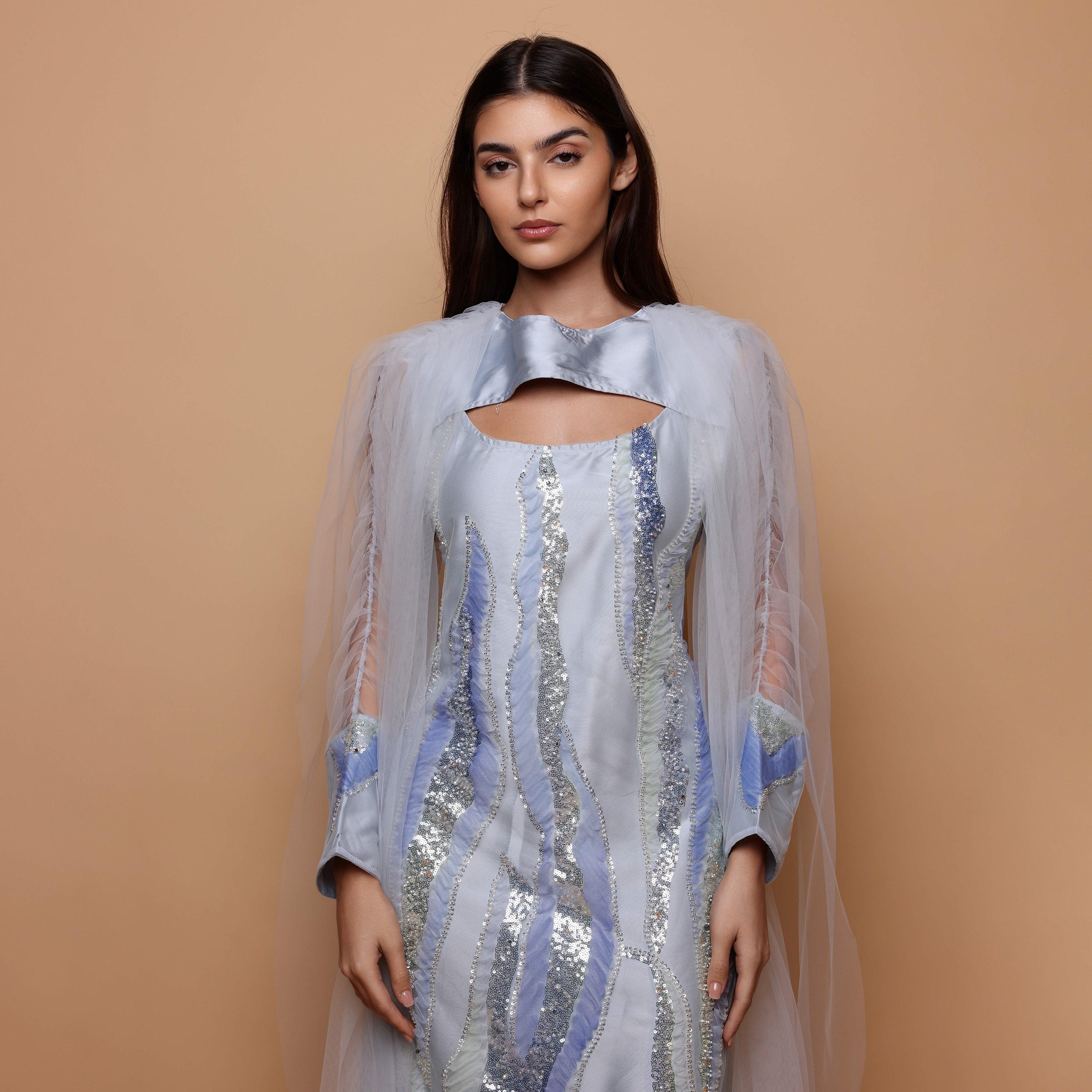 IKKXA Sequined & Beaded Ruched Sleeves Women's Evening Jalabiya with Mesh Overlay-women-arabicclothing-jalabiyas-image-2