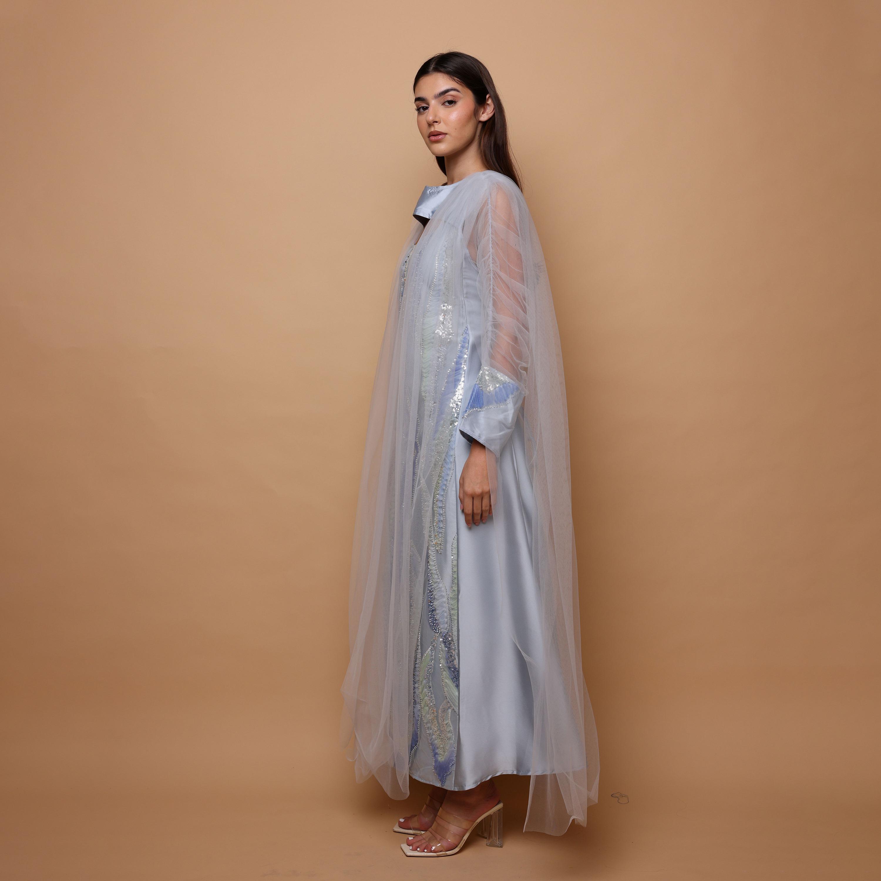 IKKXA Sequined & Beaded Ruched Sleeves Women's Evening Jalabiya with Mesh Overlay-women-arabicclothing-jalabiyas-image-3
