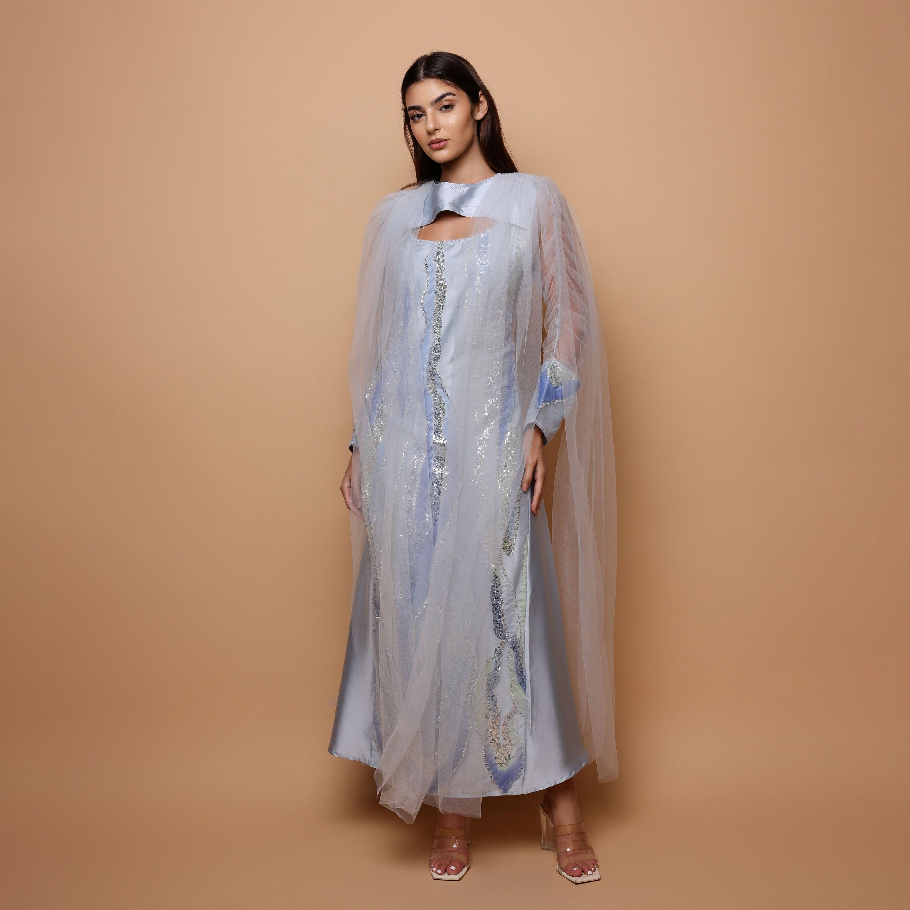 IKKXA Sequined & Beaded Ruched Sleeves Women's Evening Jalabiya with Mesh Overlay-women-arabicclothing-jalabiyas-image-4