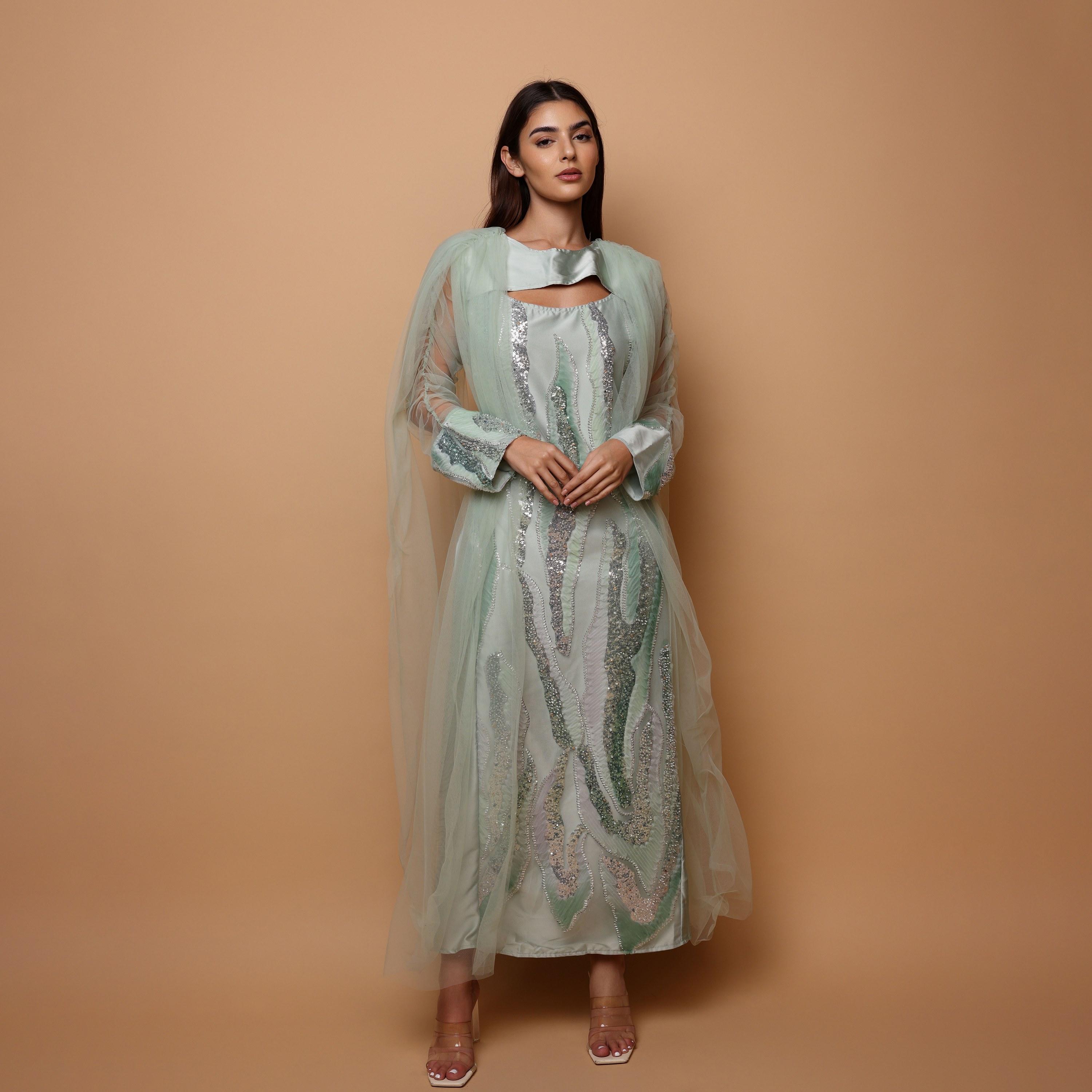 IKKXA Sequined & Beaded Ruched Sleeves Women's Evening Jalabiya with Mesh Overlay-women-arabicclothing-jalabiyas-image-1