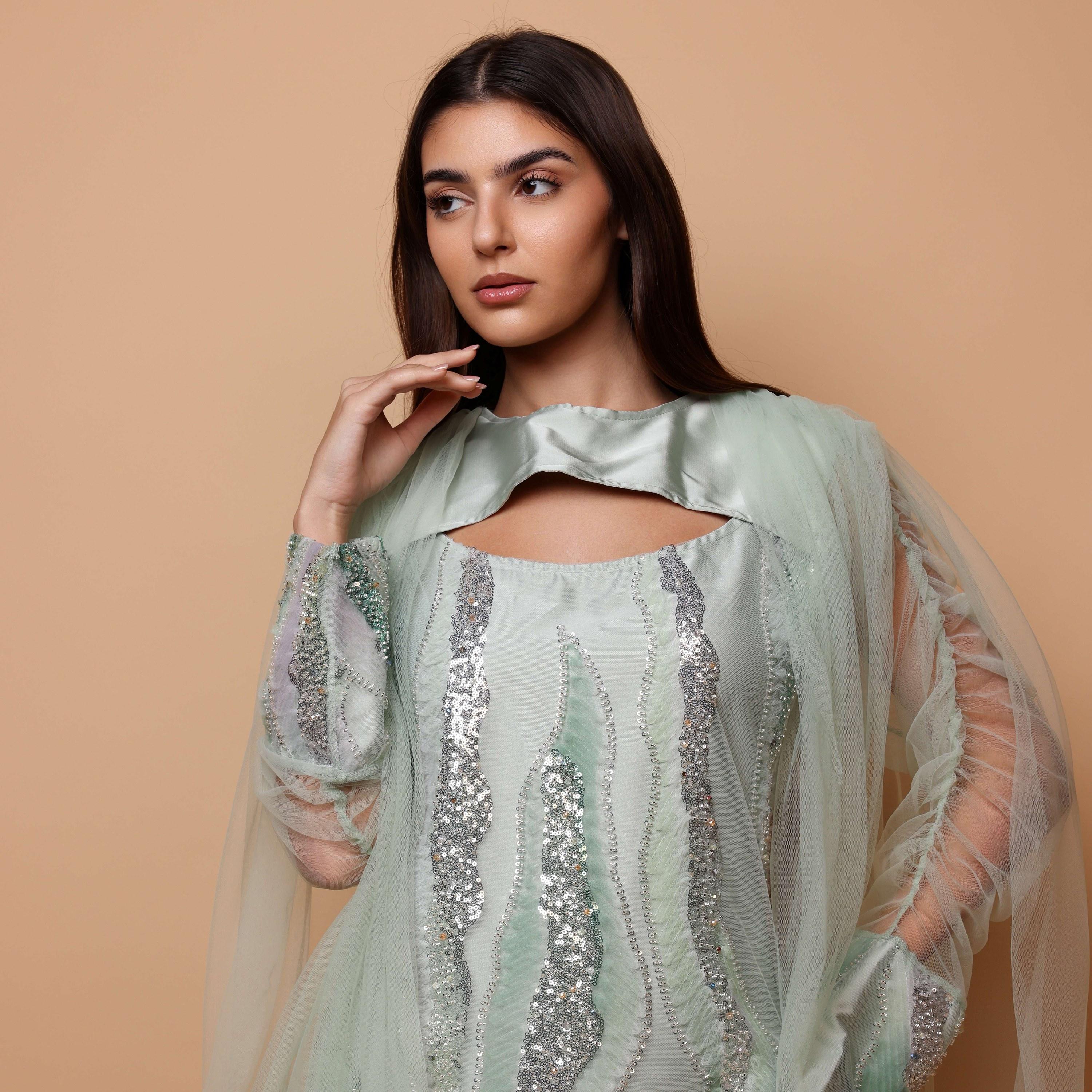 IKKXA Sequined & Beaded Ruched Sleeves Women's Evening Jalabiya with Mesh Overlay-women-arabicclothing-jalabiyas-image-2